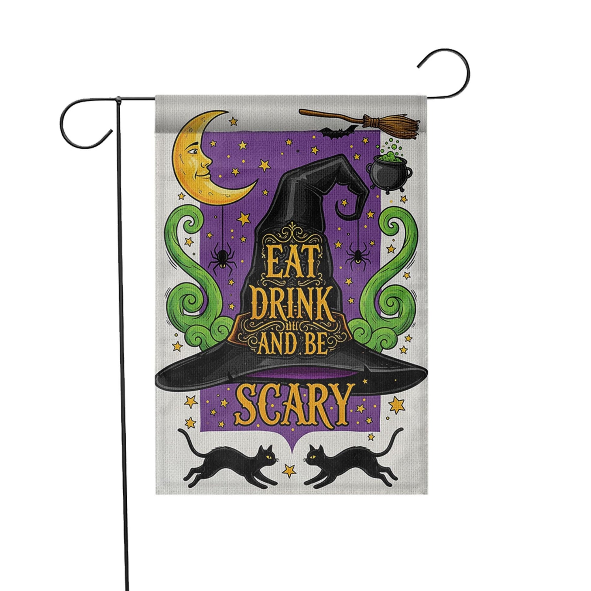 Eat Drink and Be Scary Garden Flag – Witch Hat Halloween Yard Decor, Black Cat Cauldron Spooky Outdoor Sign