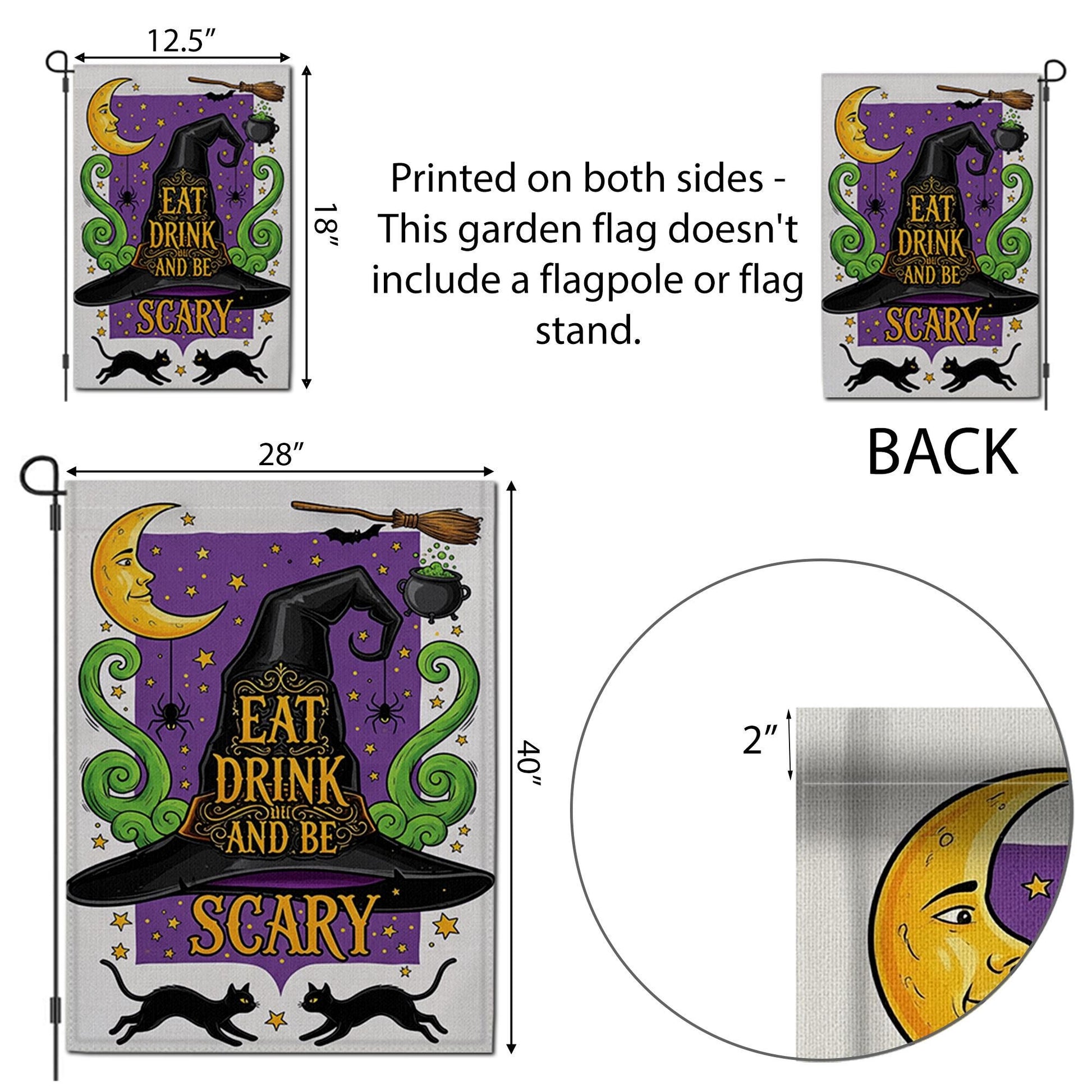 Eat Drink and Be Scary Garden Flag – Witch Hat Halloween Yard Decor, Black Cat Cauldron Spooky Outdoor Sign