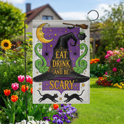 Eat Drink and Be Scary Garden Flag – Witch Hat Halloween Yard Decor, Black Cat Cauldron Spooky Outdoor Sign