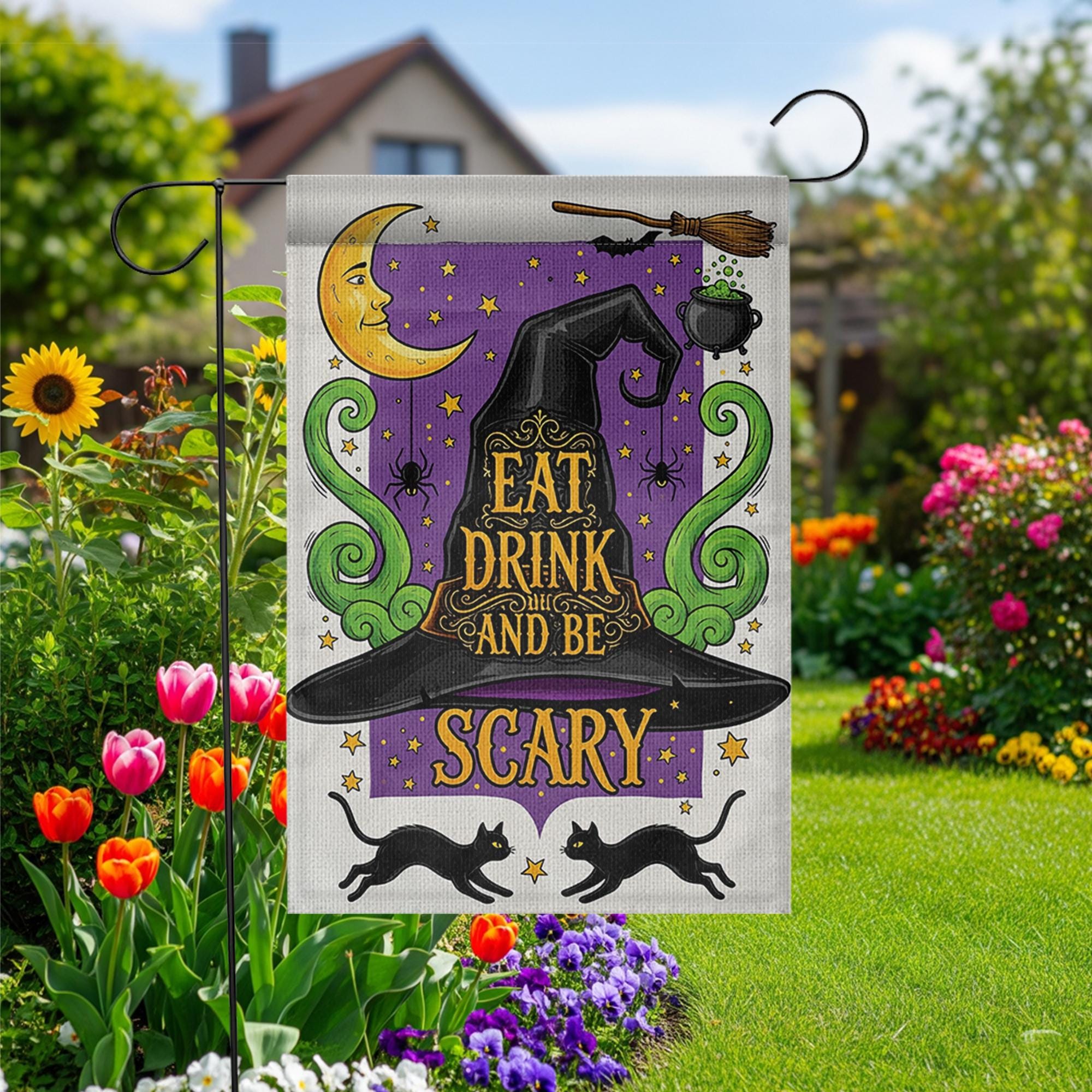 Eat Drink and Be Scary Garden Flag – Witch Hat Halloween Yard Decor, Black Cat Cauldron Spooky Outdoor Sign