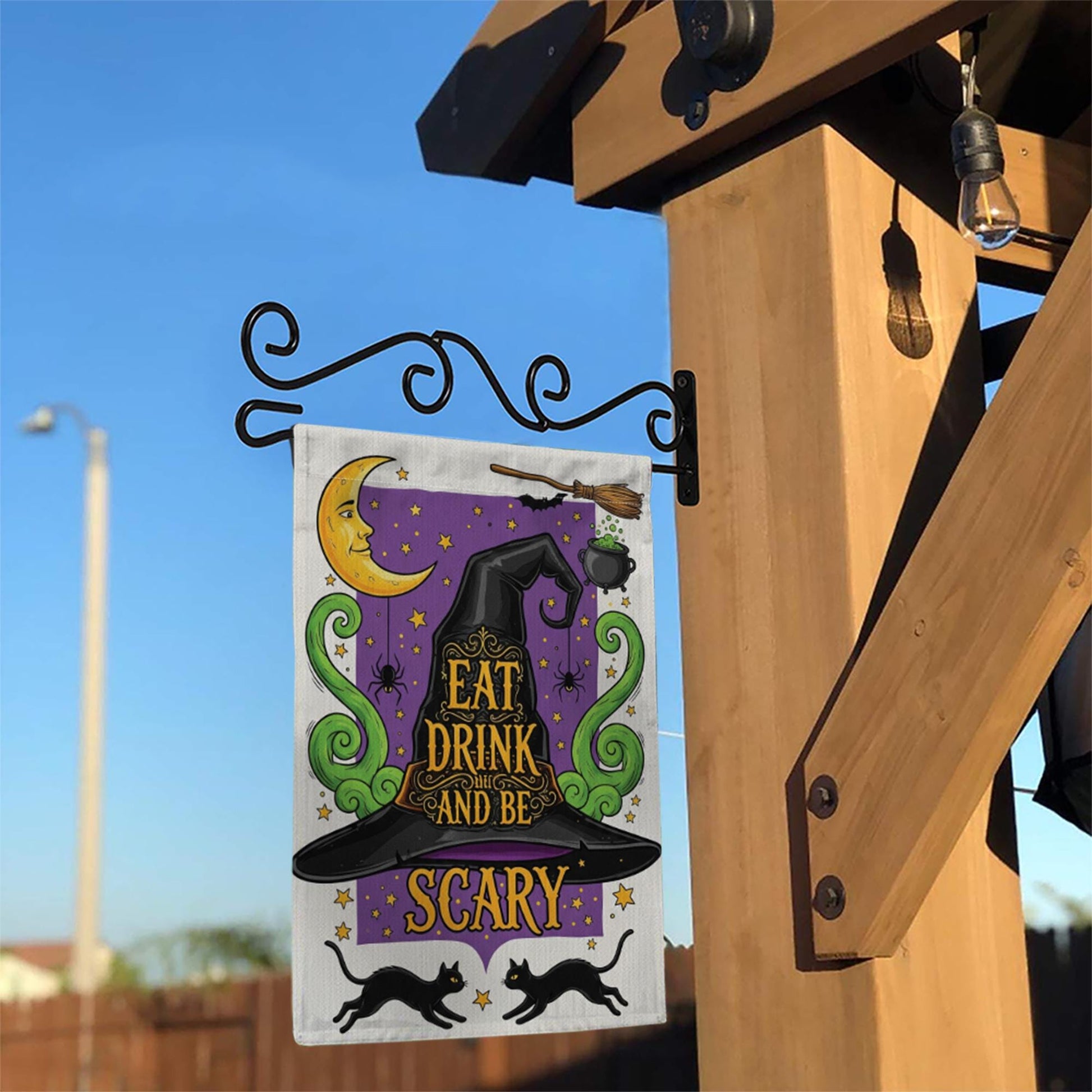 Eat Drink and Be Scary Garden Flag – Witch Hat Halloween Yard Decor, Black Cat Cauldron Spooky Outdoor Sign