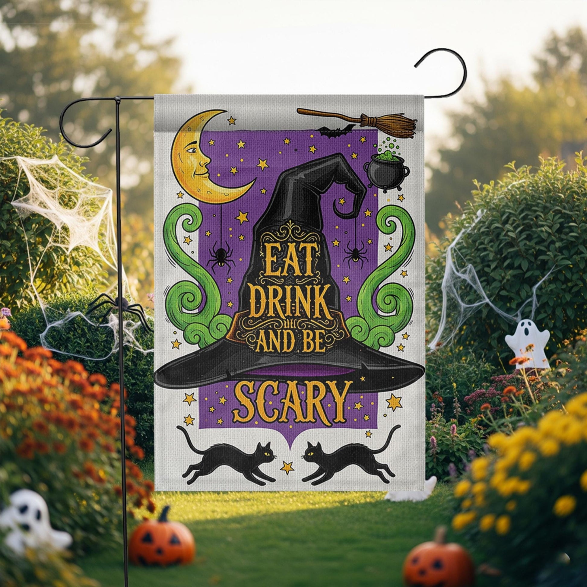 Eat Drink and Be Scary Garden Flag – Witch Hat Halloween Yard Decor, Black Cat Cauldron Spooky Outdoor Sign