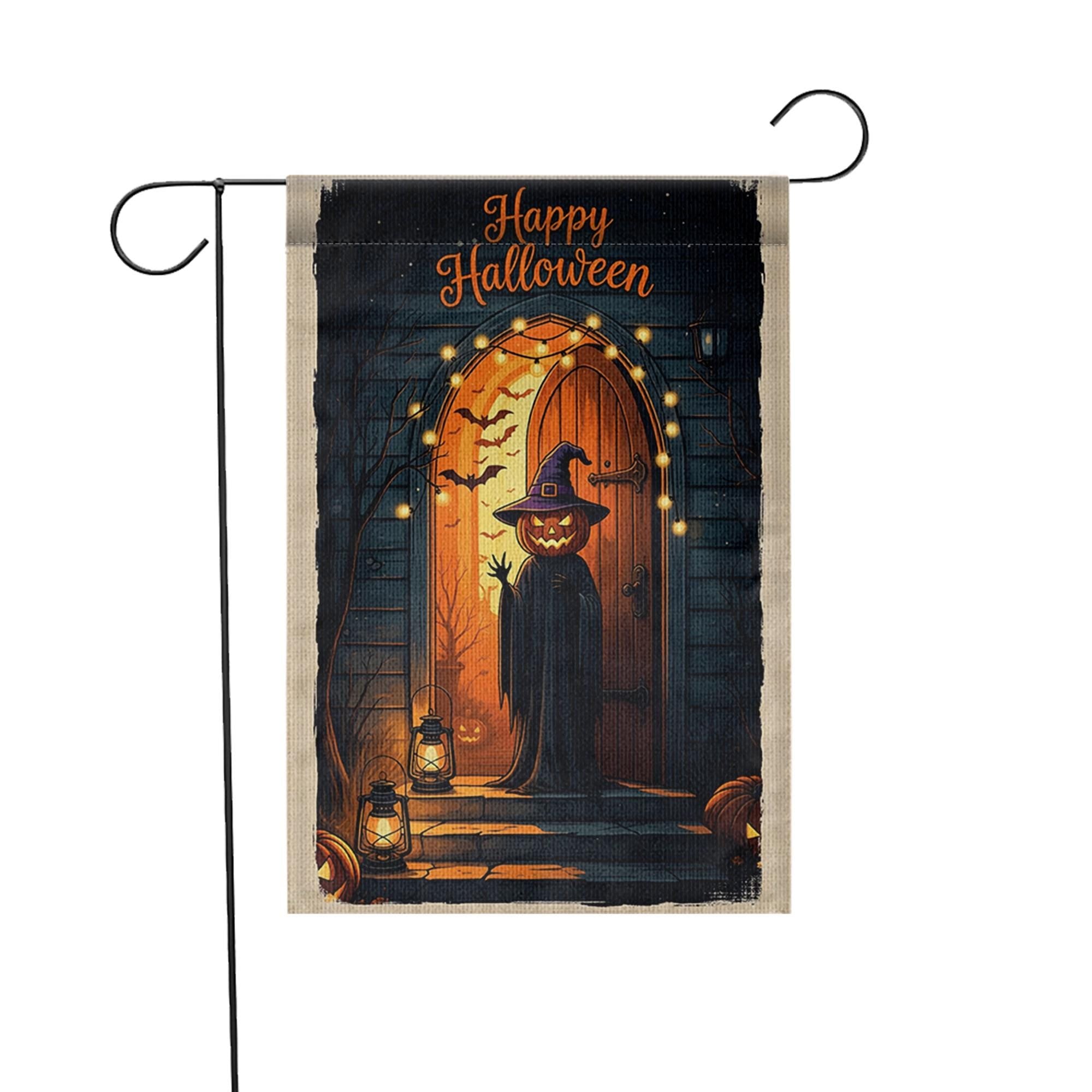 Happy Halloween Garden Flag – Pumpkin Head Witch Porch Decor, Spooky Lantern Fall Yard Sign with Gothic Door