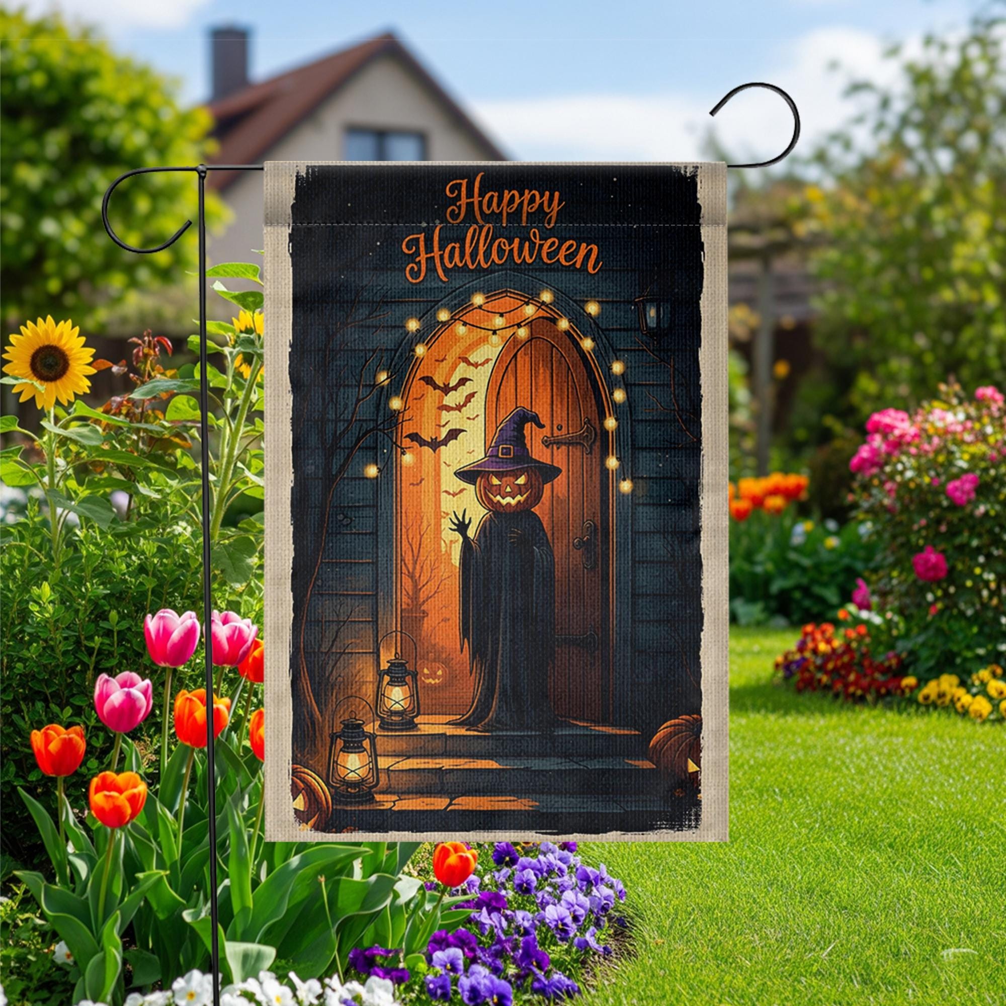 Happy Halloween Garden Flag – Pumpkin Head Witch Porch Decor, Spooky Lantern Fall Yard Sign with Gothic Door