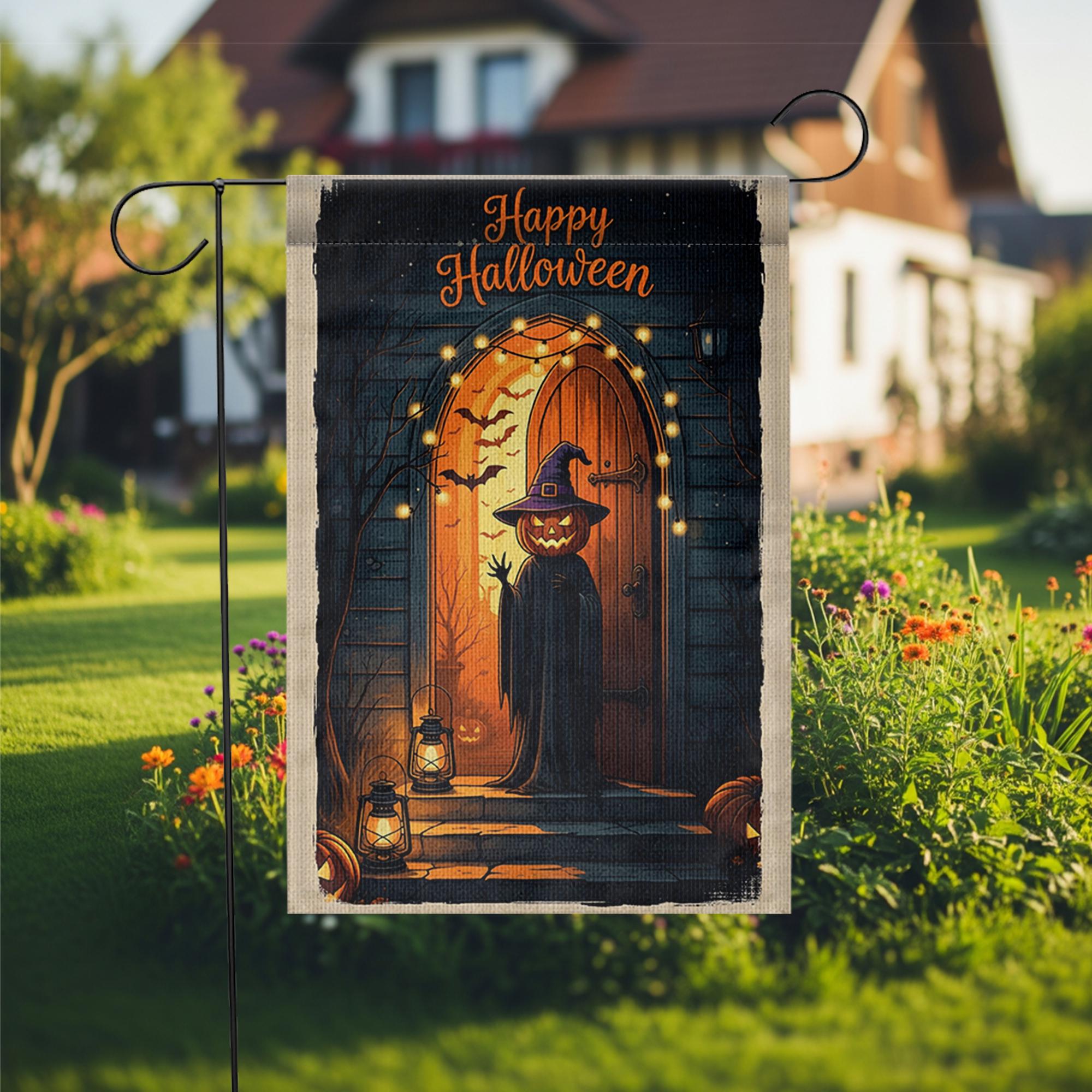Happy Halloween Garden Flag – Pumpkin Head Witch Porch Decor, Spooky Lantern Fall Yard Sign with Gothic Door