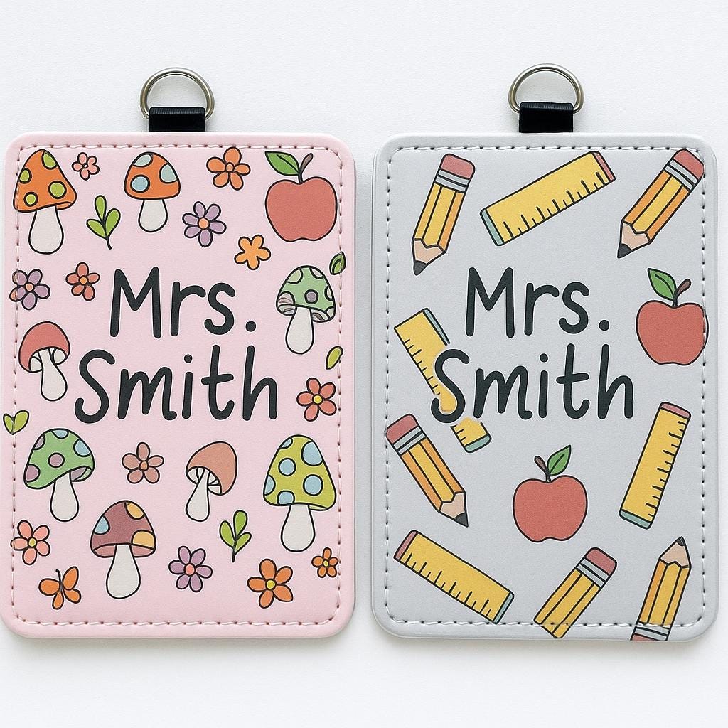 Custom Teacher Badge Holder, Cute Personalized ID Tag with Mushrooms or School Supplies, Back to School Gift for Educators & Staff