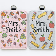 Custom Teacher Badge Holder, Cute Personalized ID Tag with Mushrooms or School Supplies, Back to School Gift for Educators & Staff