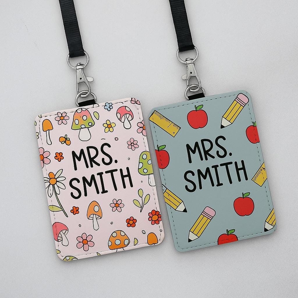 Custom Teacher Badge Holder, Cute Personalized ID Tag with Mushrooms or School Supplies, Back to School Gift for Educators & Staff