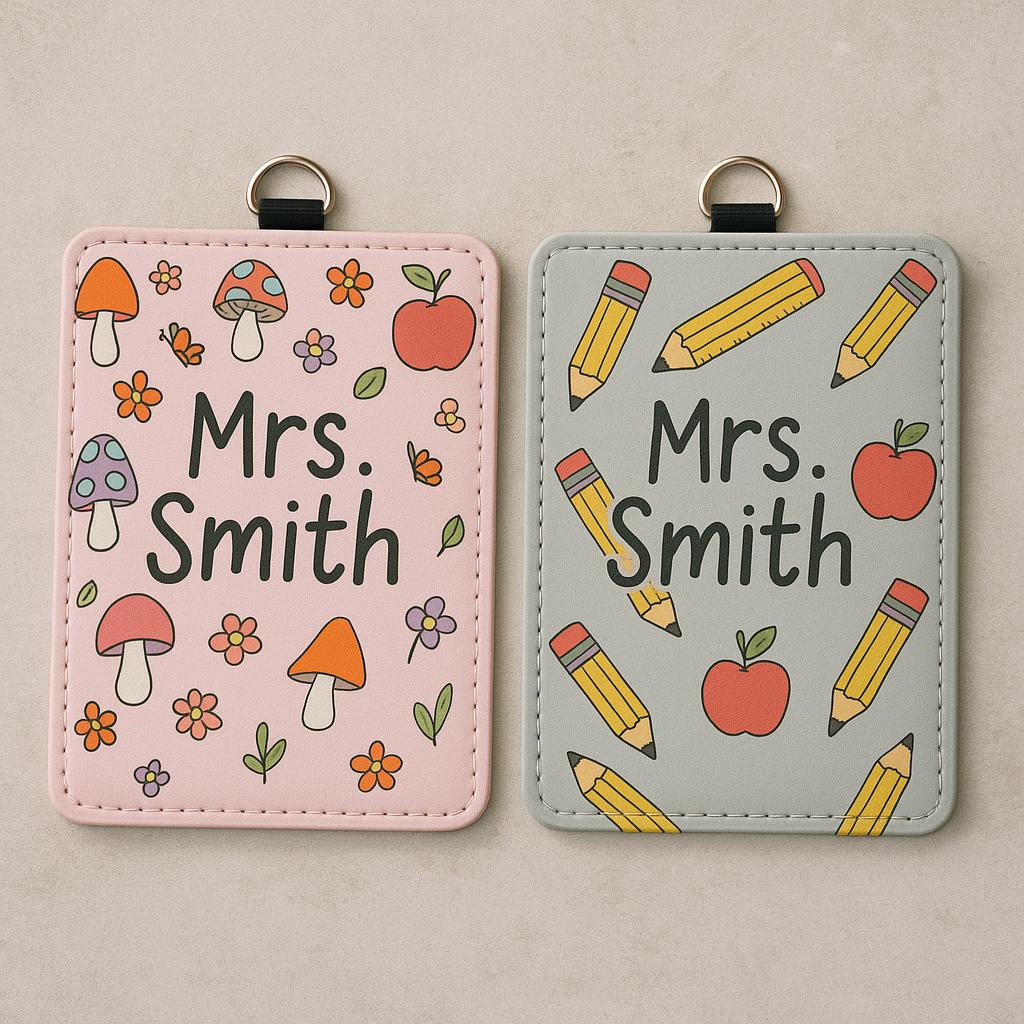 Custom Teacher Badge Holder, Cute Personalized ID Tag with Mushrooms or School Supplies, Back to School Gift for Educators & Staff