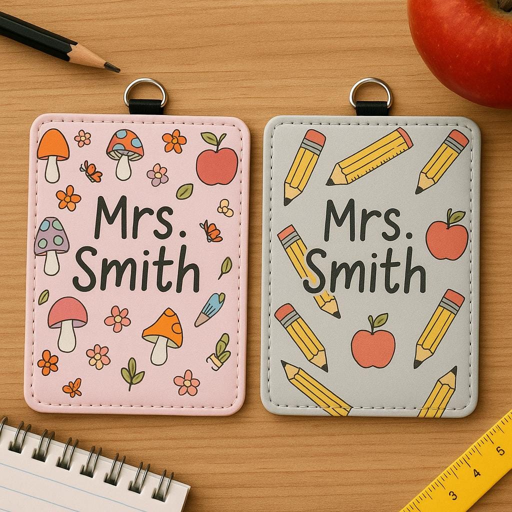 Custom Teacher Badge Holder, Cute Personalized ID Tag with Mushrooms or School Supplies, Back to School Gift for Educators & Staff