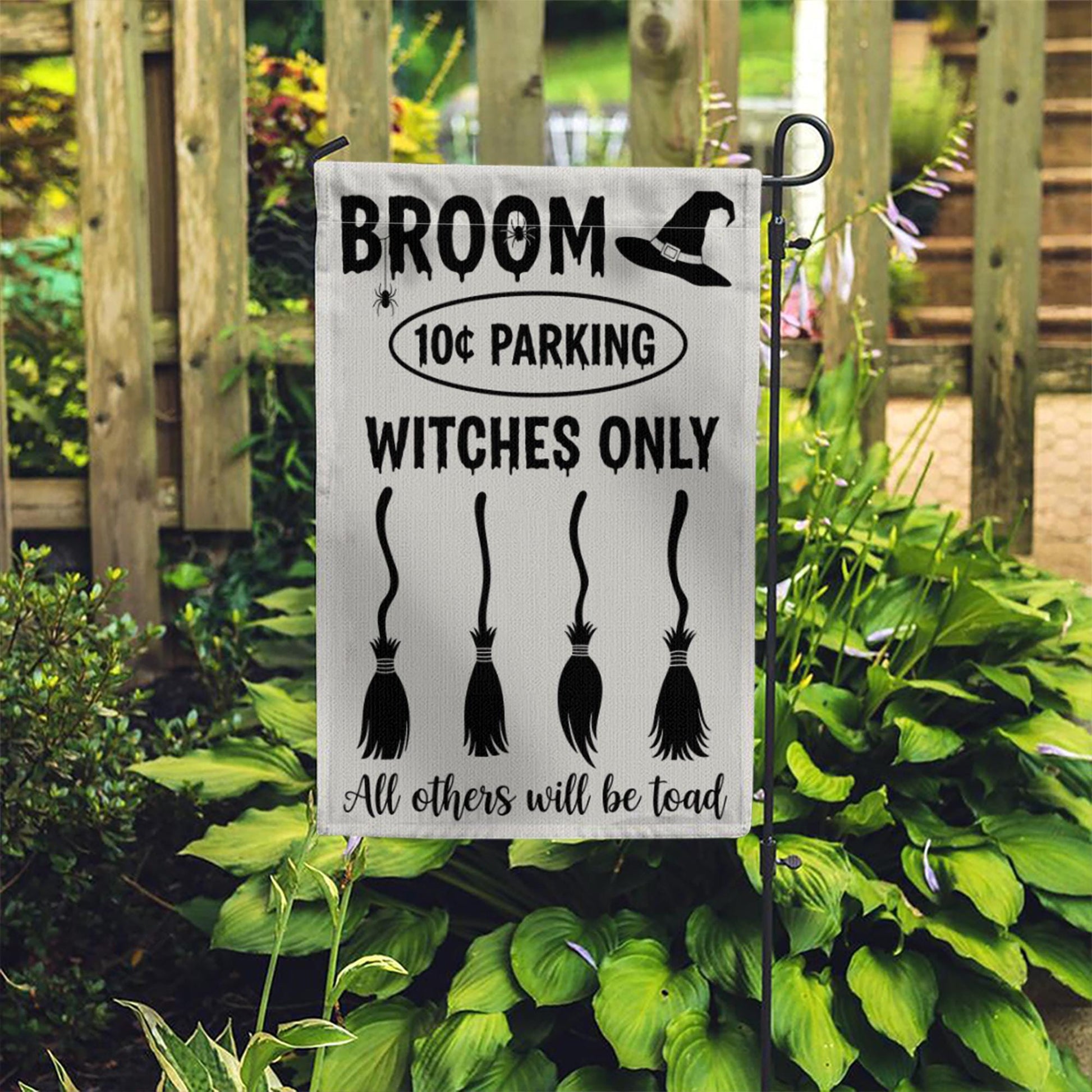 Witches Only Broom Parking Garden Flag – Funny Halloween Yard Decor, Toad Warning Witch Sign for Outdoor Display