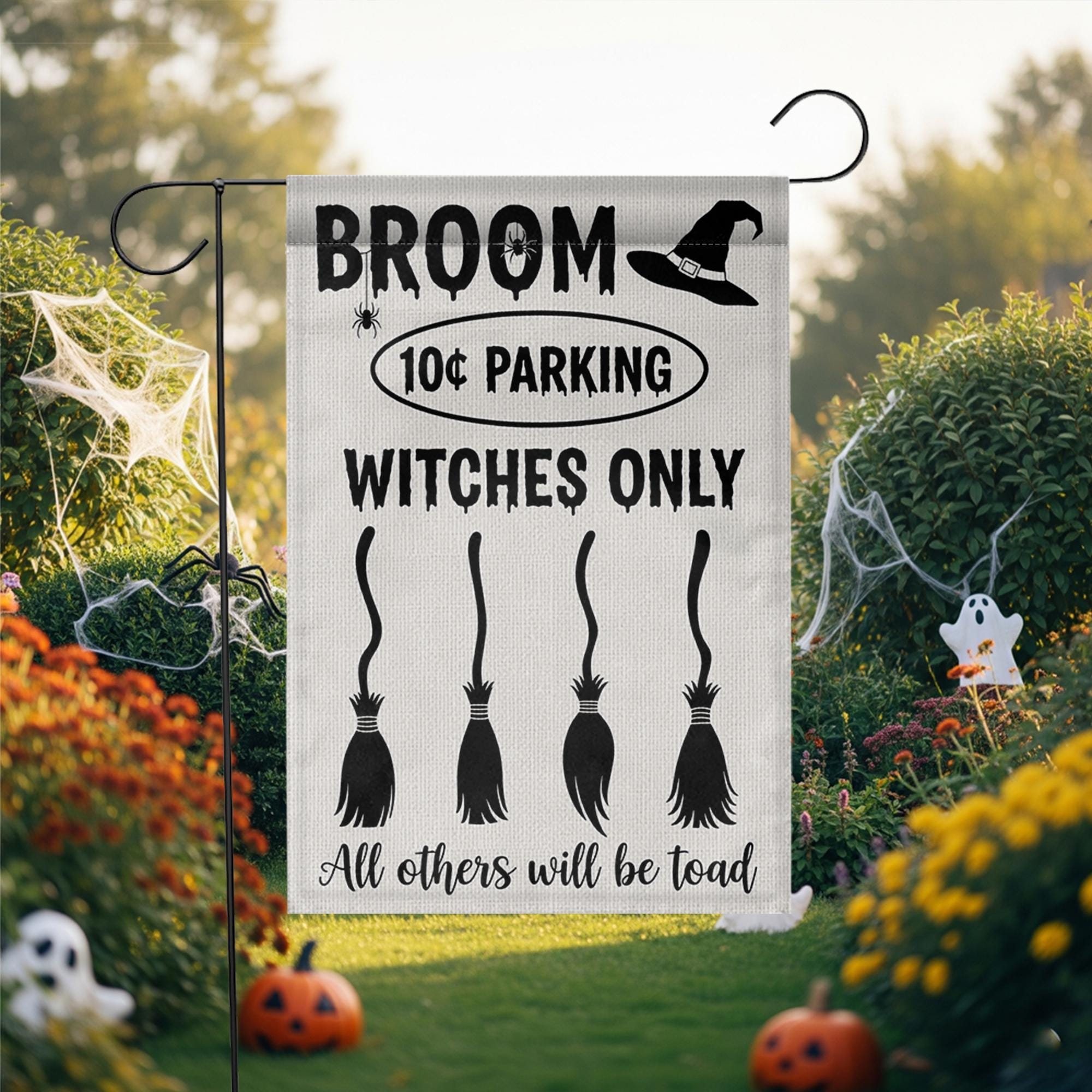 Witches Only Broom Parking Garden Flag – Funny Halloween Yard Decor, Toad Warning Witch Sign for Outdoor Display