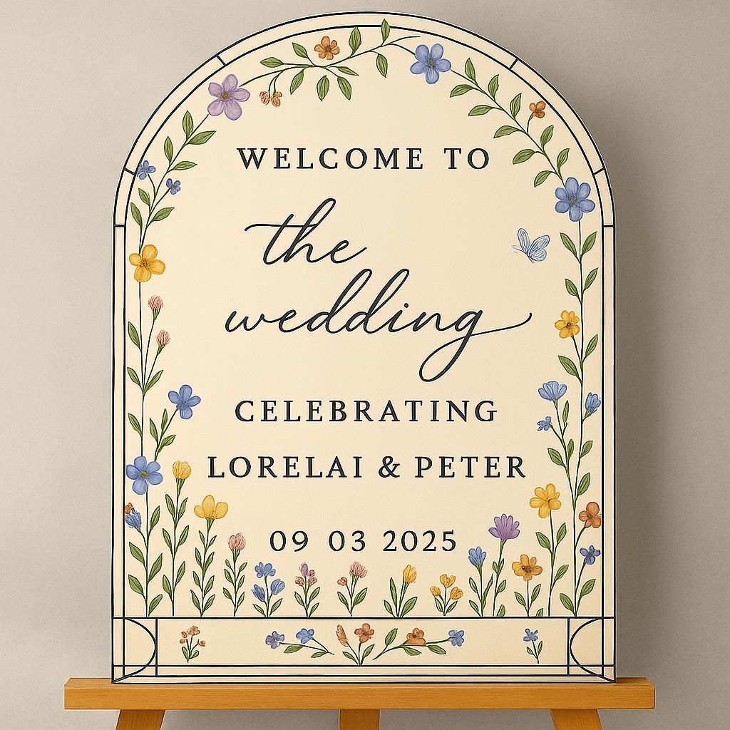 Custom Floral Wedding Welcome Sign, Personalized Arch Ceremony Poster with Names & Date, Elegant Garden Party or Outdoor Decor