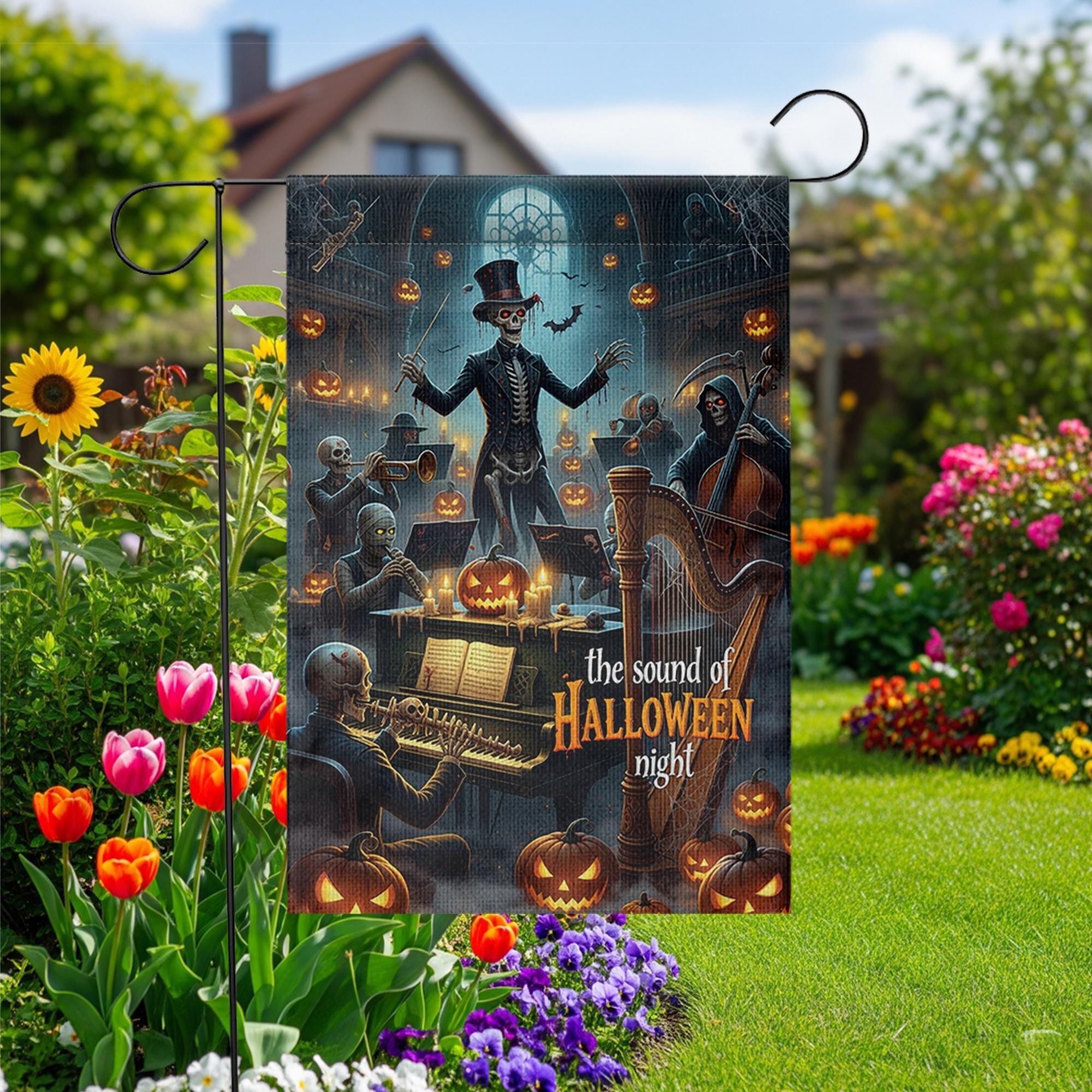 Skeleton Orchestra Halloween Garden Flag – Haunted Concert Yard Decor, Spooky Music Night Pumpkin Display