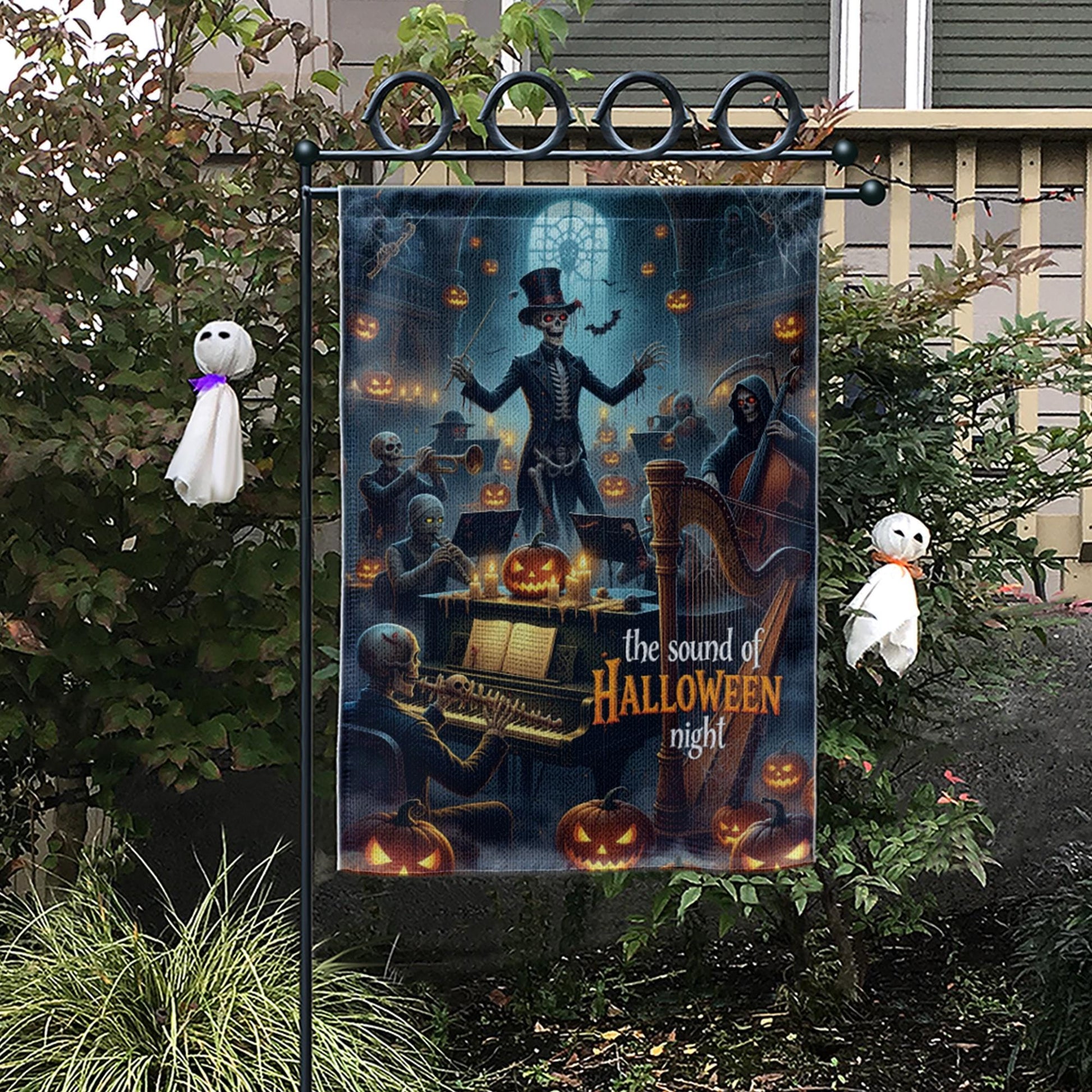 Skeleton Orchestra Halloween Garden Flag – Haunted Concert Yard Decor, Spooky Music Night Pumpkin Display