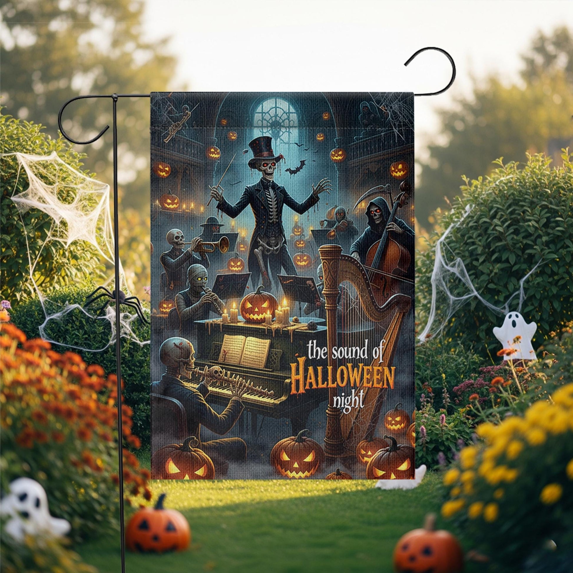 Skeleton Orchestra Halloween Garden Flag – Haunted Concert Yard Decor, Spooky Music Night Pumpkin Display