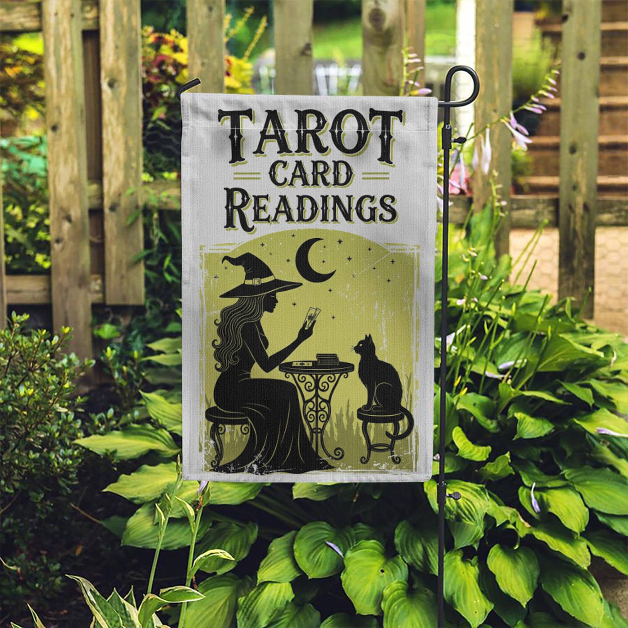 Tarot Card Readings Garden Flag – Witch Moon Cat Mystical Outdoor Decor, Halloween Fortune Sign