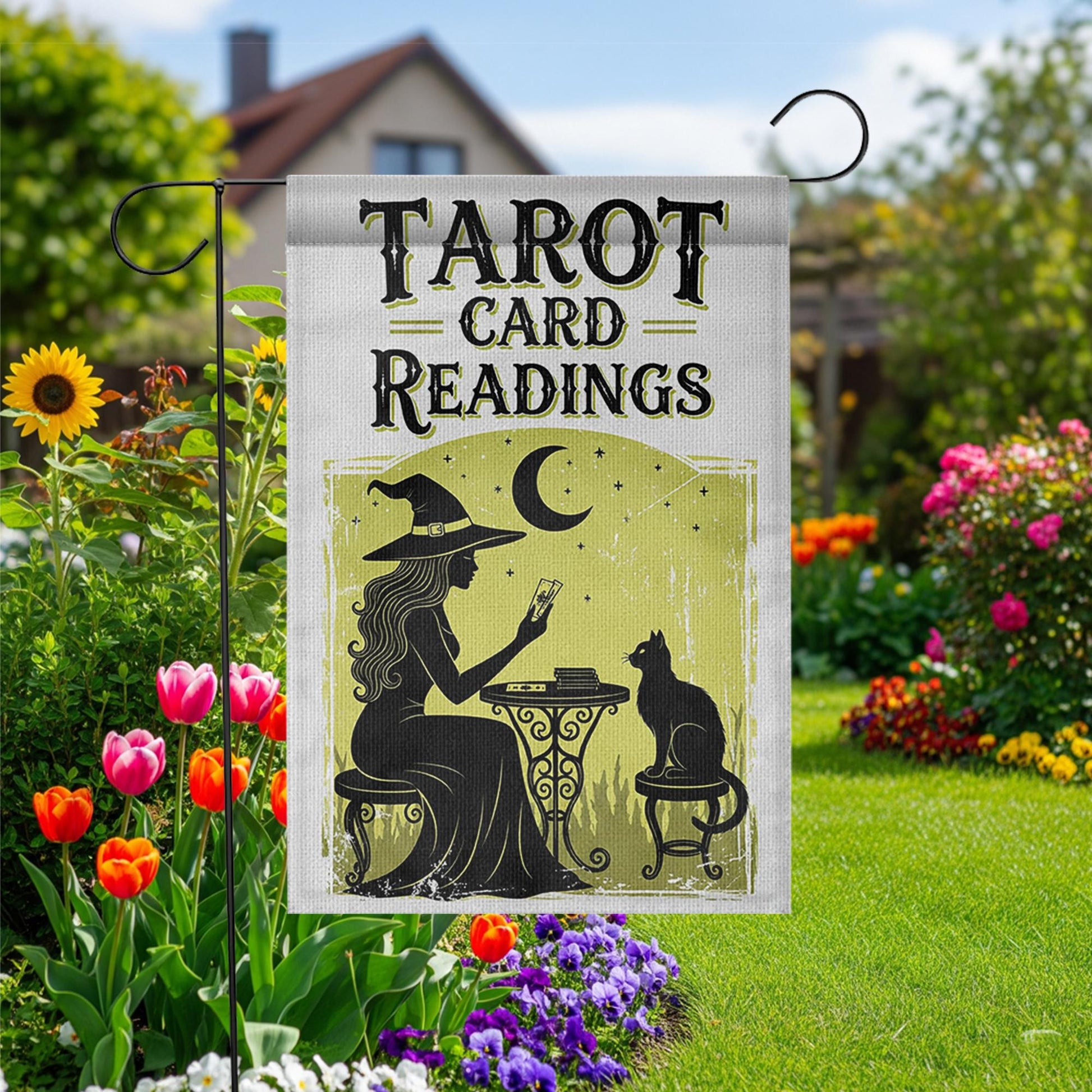Tarot Card Readings Garden Flag – Witch Moon Cat Mystical Outdoor Decor, Halloween Fortune Sign