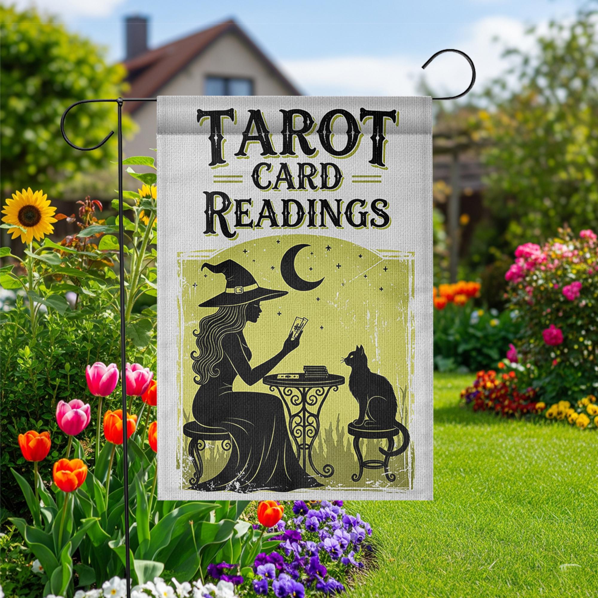 Tarot Card Readings Garden Flag – Witch Moon Cat Mystical Outdoor Decor, Halloween Fortune Sign