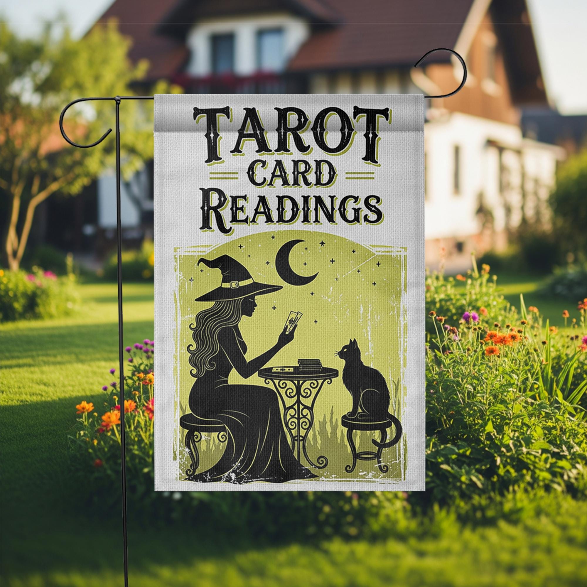 Tarot Card Readings Garden Flag – Witch Moon Cat Mystical Outdoor Decor, Halloween Fortune Sign