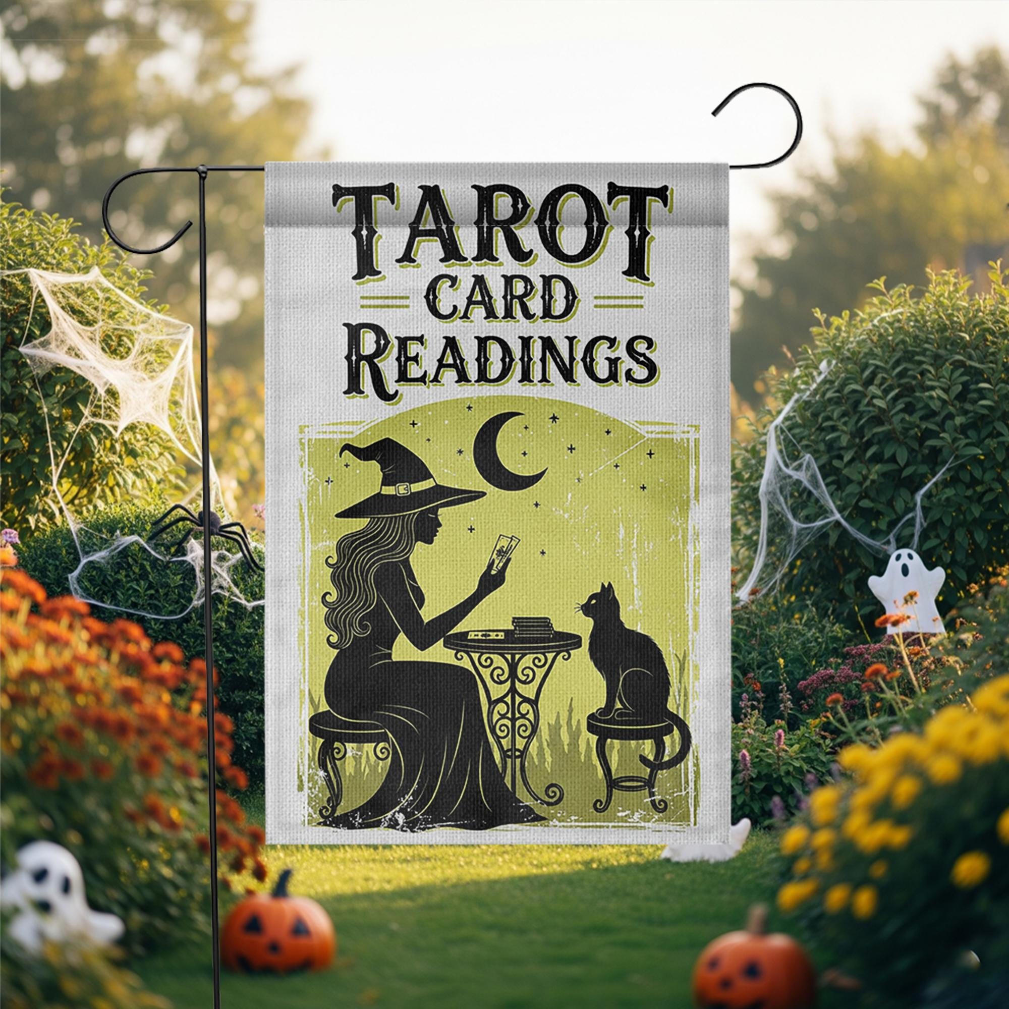 Tarot Card Readings Garden Flag – Witch Moon Cat Mystical Outdoor Decor, Halloween Fortune Sign