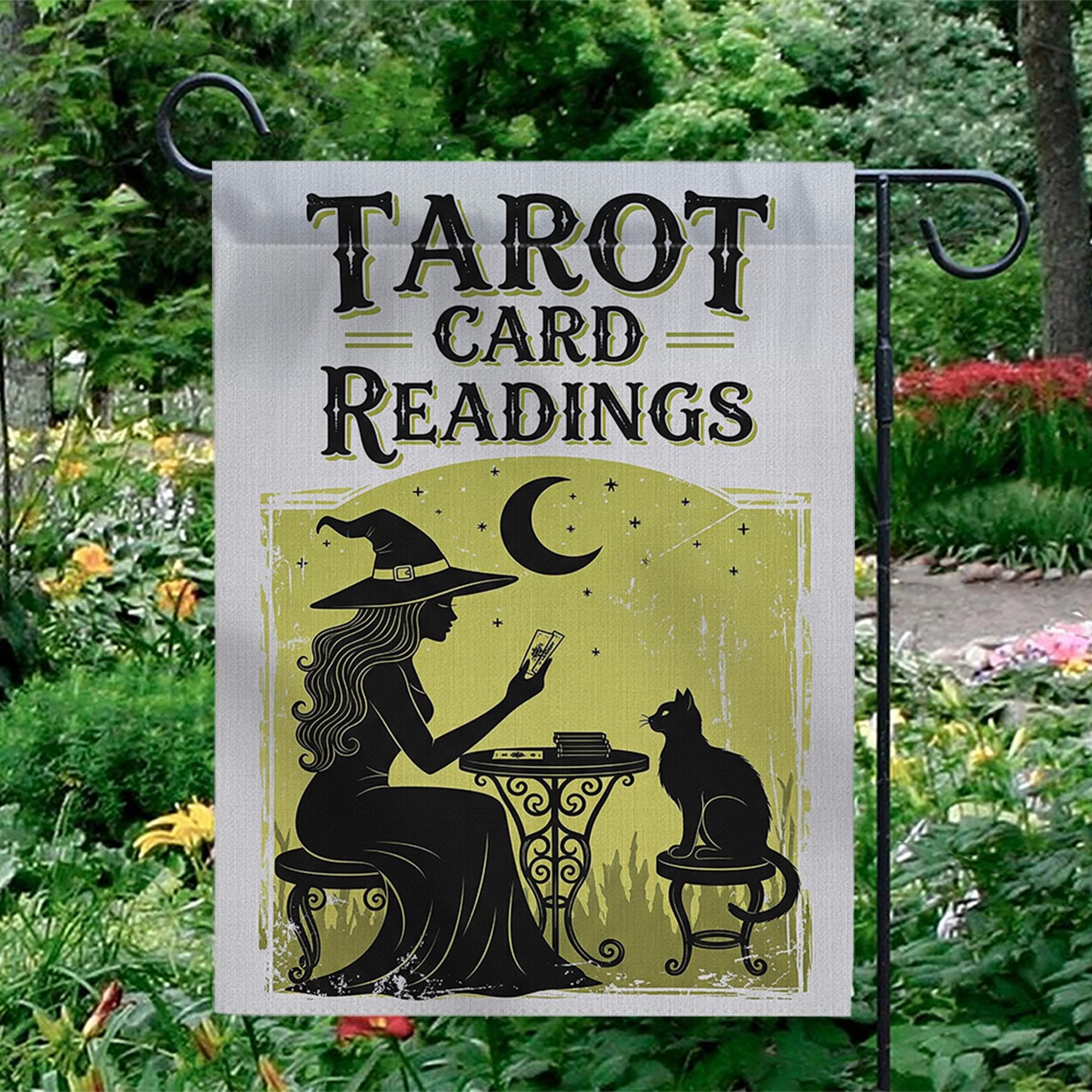 Tarot Card Readings Garden Flag – Witch Moon Cat Mystical Outdoor Decor, Halloween Fortune Sign