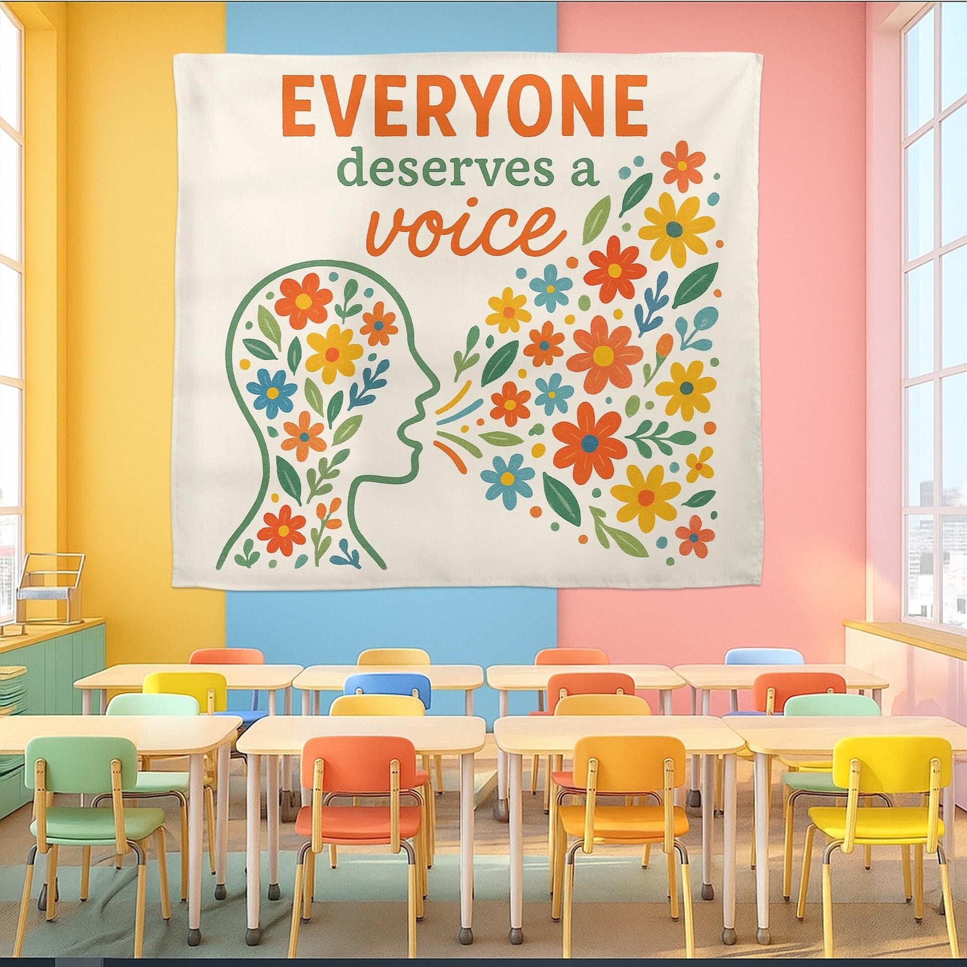 Everyone Deserves a Voice Tapestry, Speech Therapy Wall Art, SLP Office Decor, Floral Communication Banner, Therapist Gift