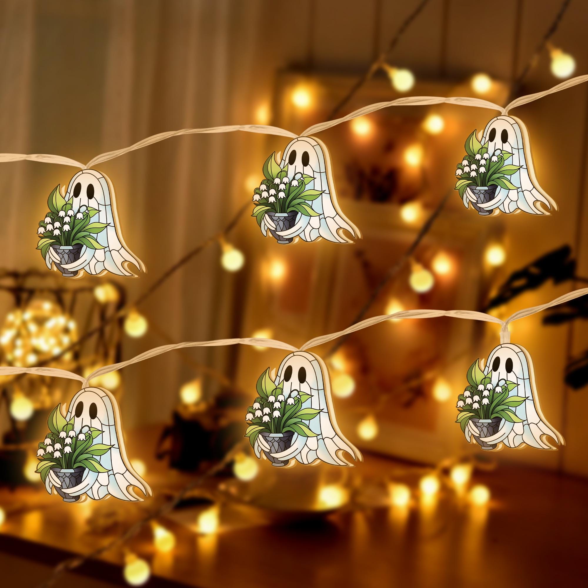 Ghost Flower String Lights, Wood Ghost Garland, Cute Halloween Decor, Lily of the Valley Ghost Lights, Cottagecore Room Decor