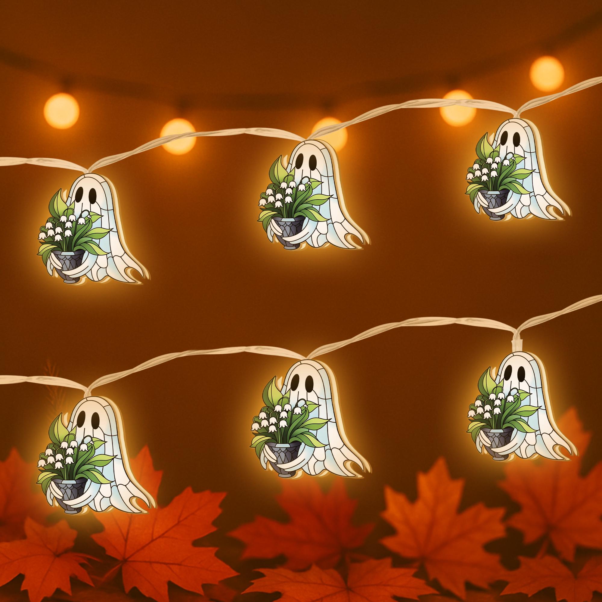 Ghost Flower String Lights, Wood Ghost Garland, Cute Halloween Decor, Lily of the Valley Ghost Lights, Cottagecore Room Decor