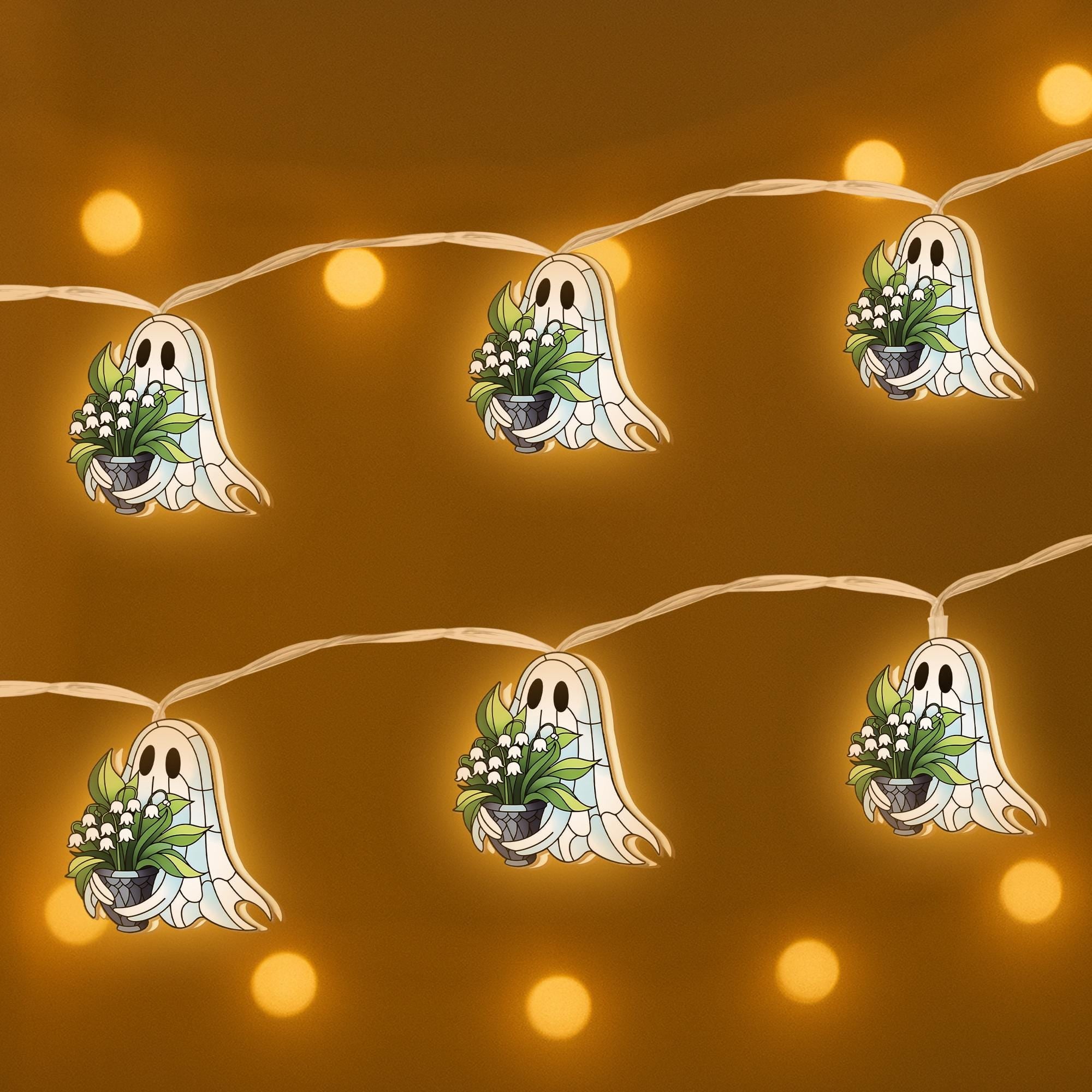 Ghost Flower String Lights, Wood Ghost Garland, Cute Halloween Decor, Lily of the Valley Ghost Lights, Cottagecore Room Decor