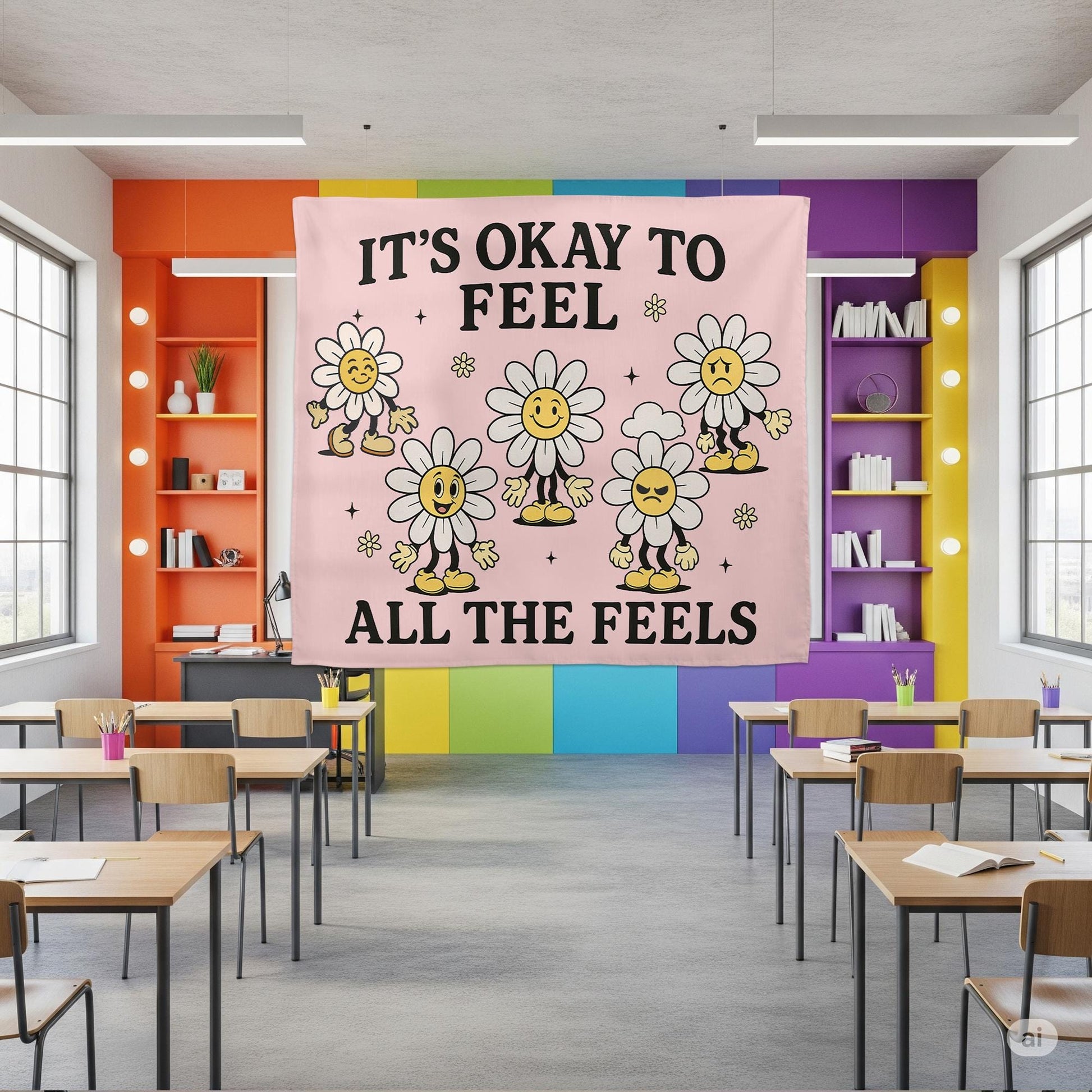 It's Okay To Feel All The Feels Tapestry, Retro 70s Daisy Wall Hanging, Groovy Positive Affirmation, Mental Health Dorm Decor Gift