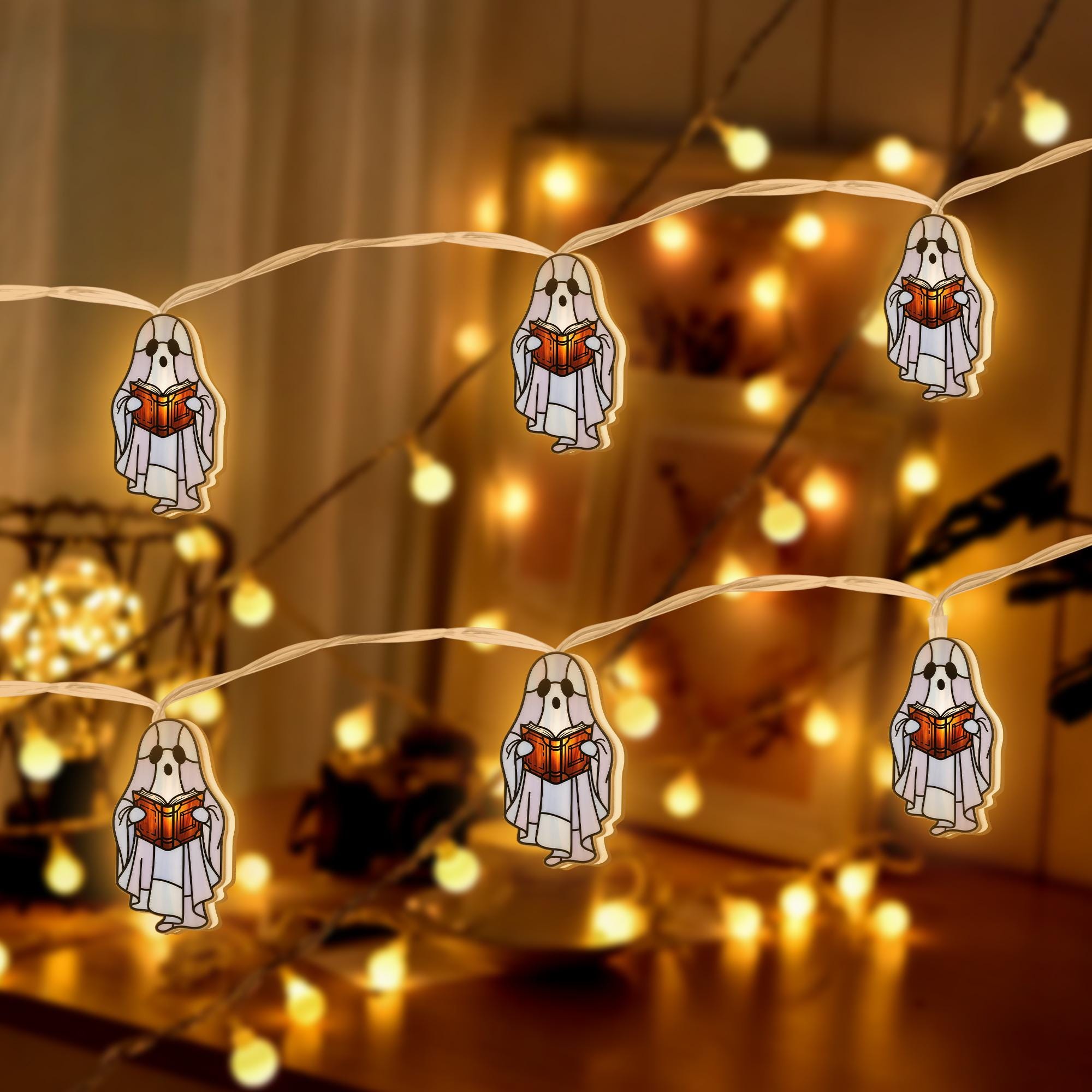 Spooky Ghost Reading Light – Halloween Ghost String Lights with Book, Cute Bookish Ghost Decor, Literary Halloween Indoor Light, Fall Decor