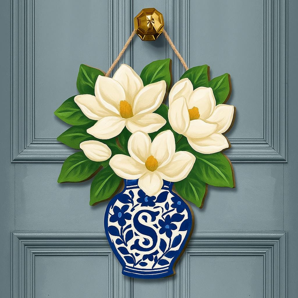 Magnolia Chinoiserie Vase Monogram Door Hanger | Blue and White Floral Front Door Decor | Personalized Spring Summer Door Sign