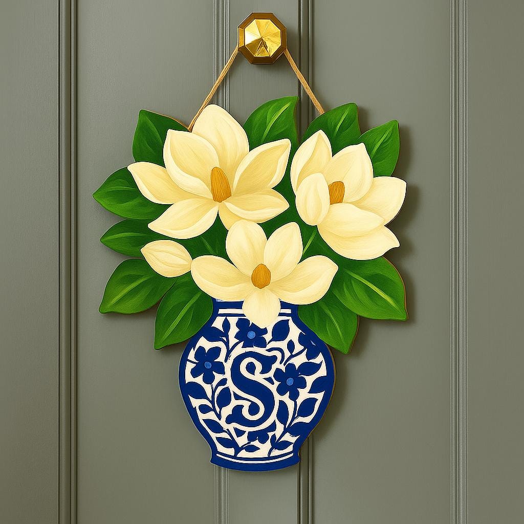 Magnolia Chinoiserie Vase Monogram Door Hanger | Blue and White Floral Front Door Decor | Personalized Spring Summer Door Sign
