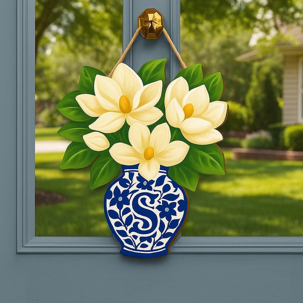 Magnolia Chinoiserie Vase Monogram Door Hanger | Blue and White Floral Front Door Decor | Personalized Spring Summer Door Sign