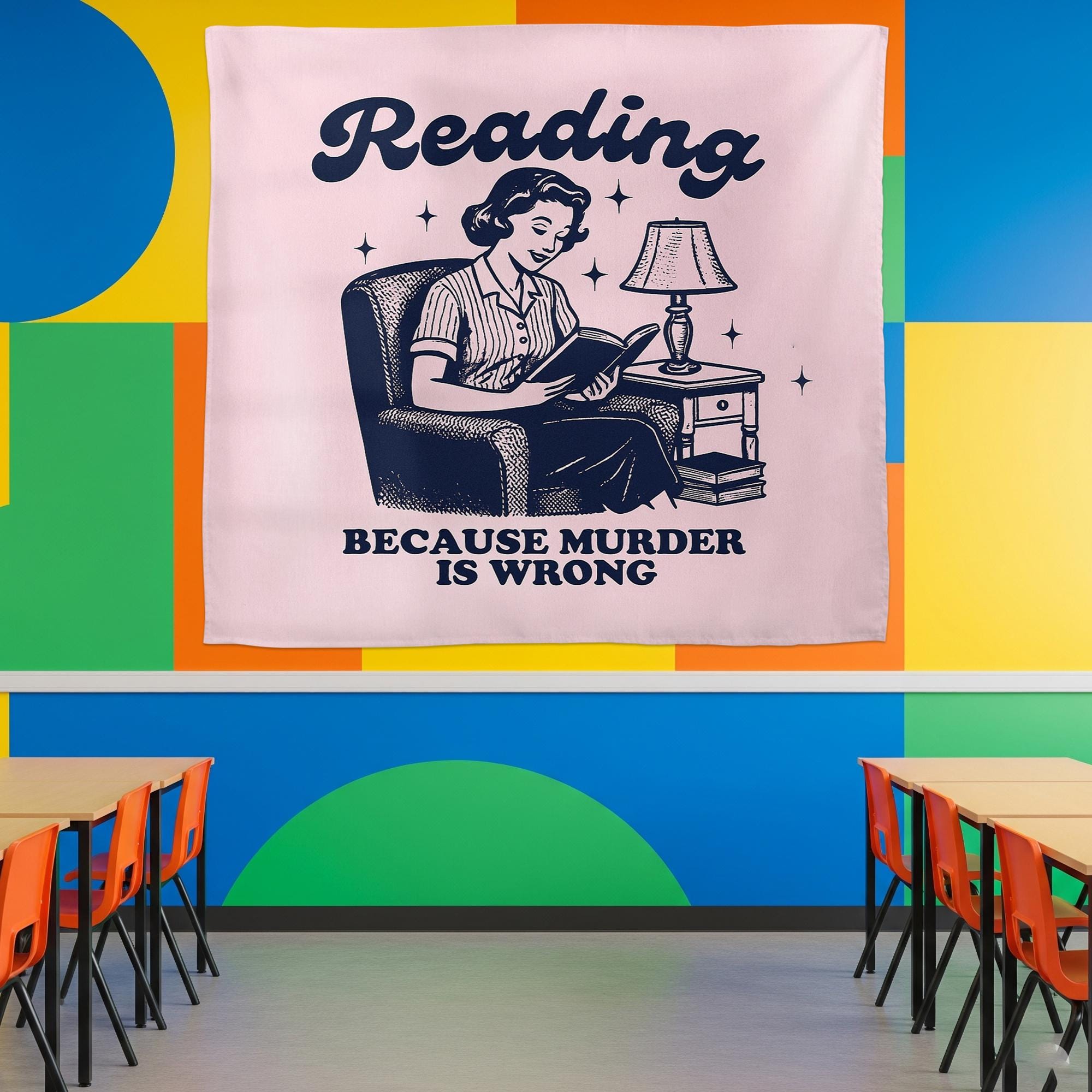 Reading Because Murder Is Wrong Tapestry, Funny Retro Wall Art, Sarcastic Book Lover Gift, Vintage Bookish Dorm & Library Wall Decor
