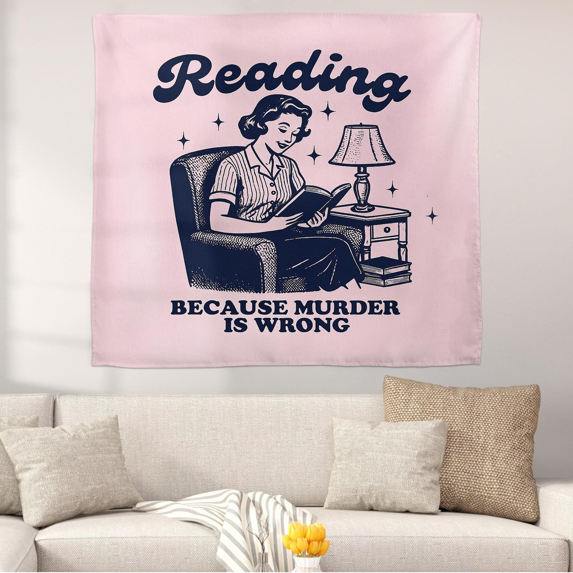 Reading Because Murder Is Wrong Tapestry, Funny Retro Wall Art, Sarcastic Book Lover Gift, Vintage Bookish Dorm & Library Wall Decor