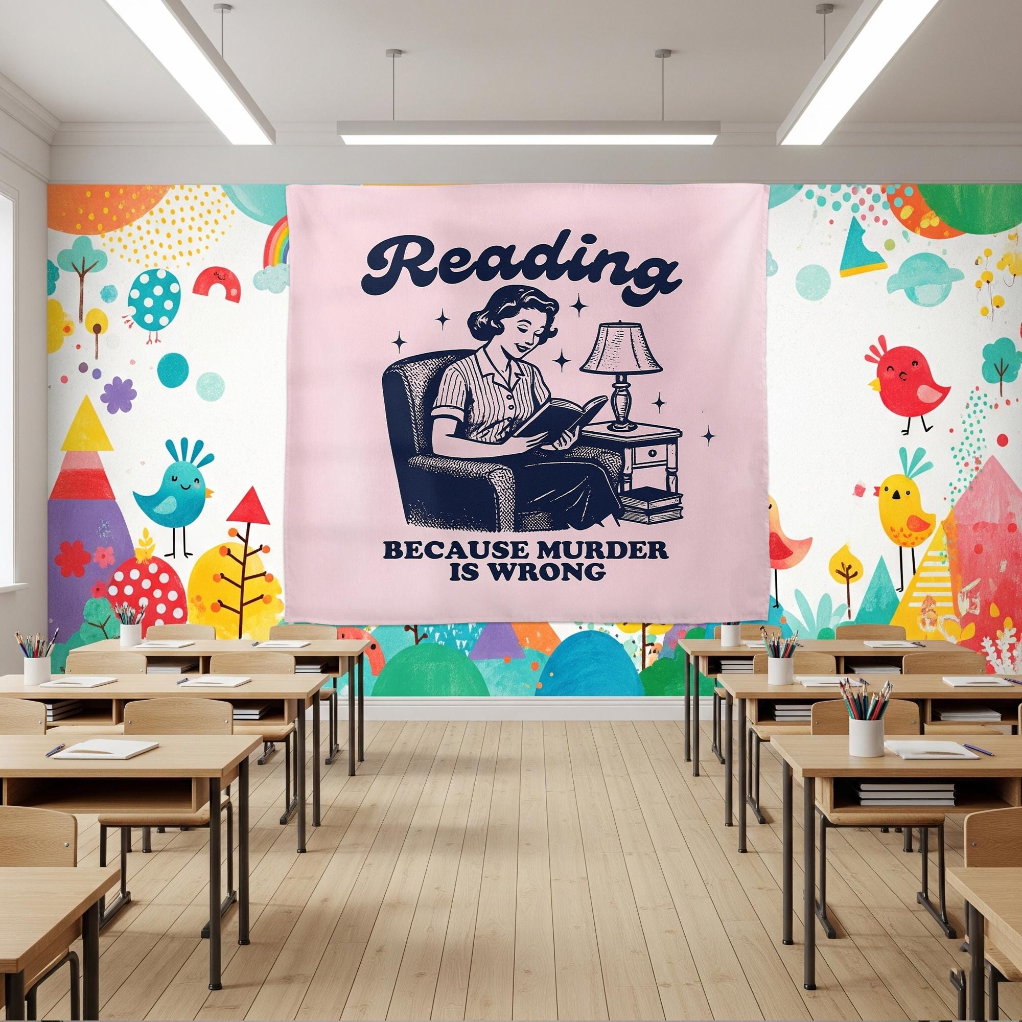 Reading Because Murder Is Wrong Tapestry, Funny Retro Wall Art, Sarcastic Book Lover Gift, Vintage Bookish Dorm & Library Wall Decor