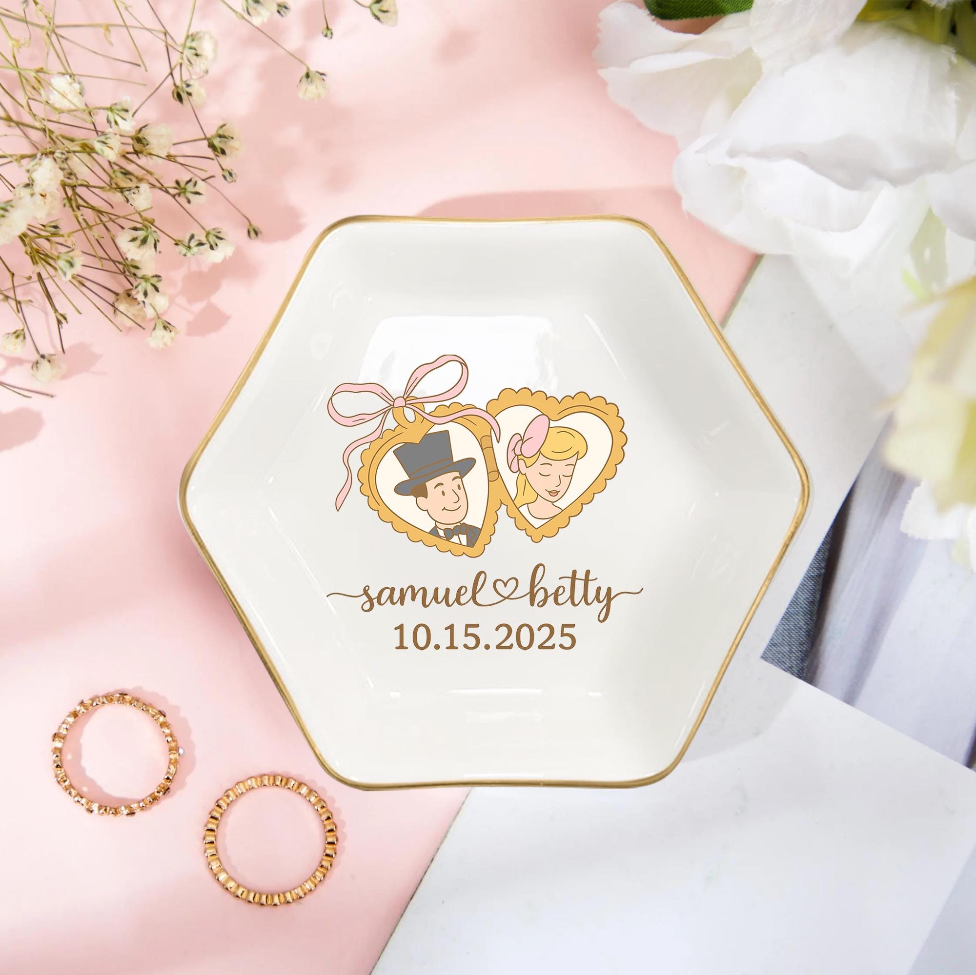 Custom Photo Ceramic Jewelry tray, Retro Bride Groom Illustration, Personalized Wedding Gift, Bridal Shower Keepsake, Vintage Engagement