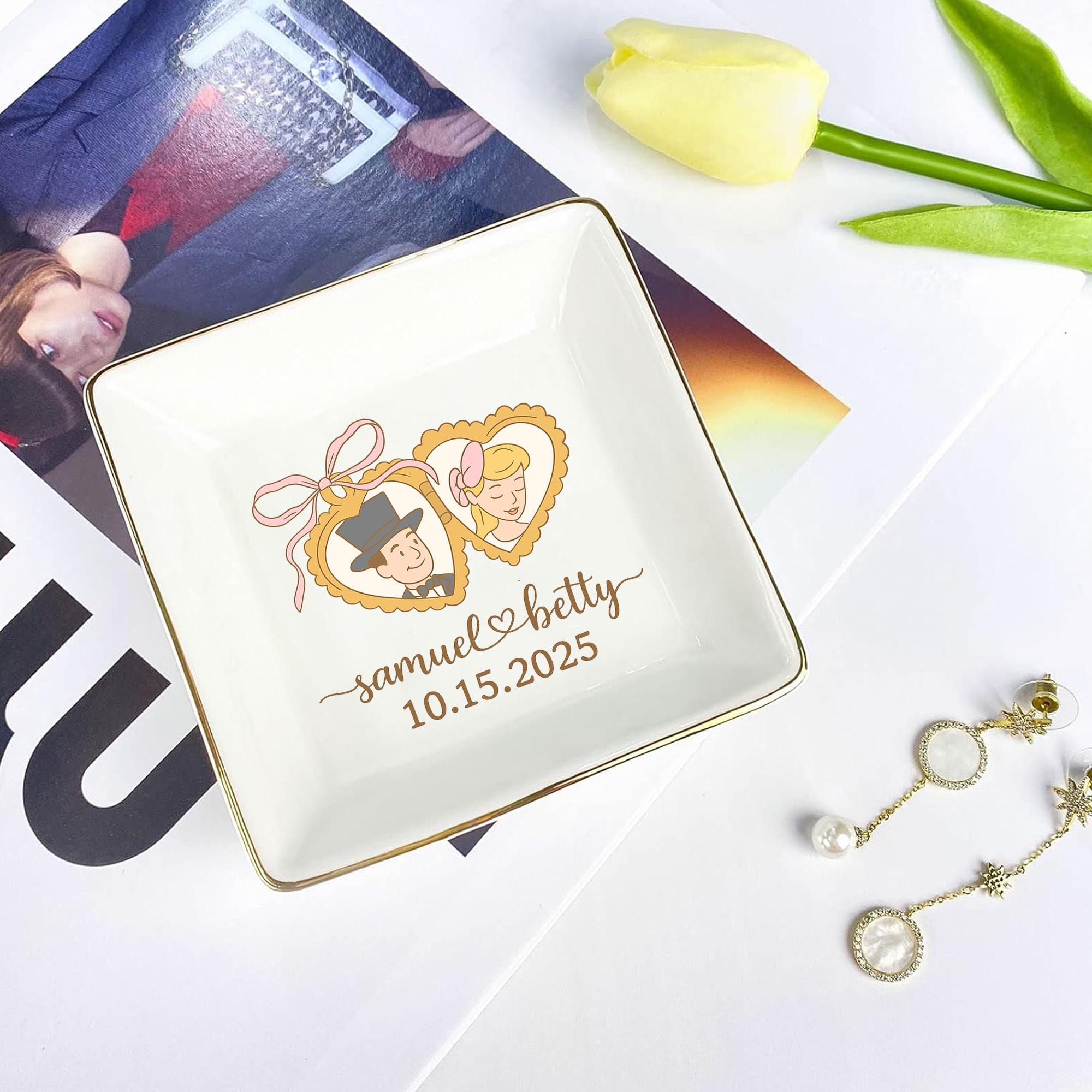 Custom Photo Ceramic Jewelry tray, Retro Bride Groom Illustration, Personalized Wedding Gift, Bridal Shower Keepsake, Vintage Engagement