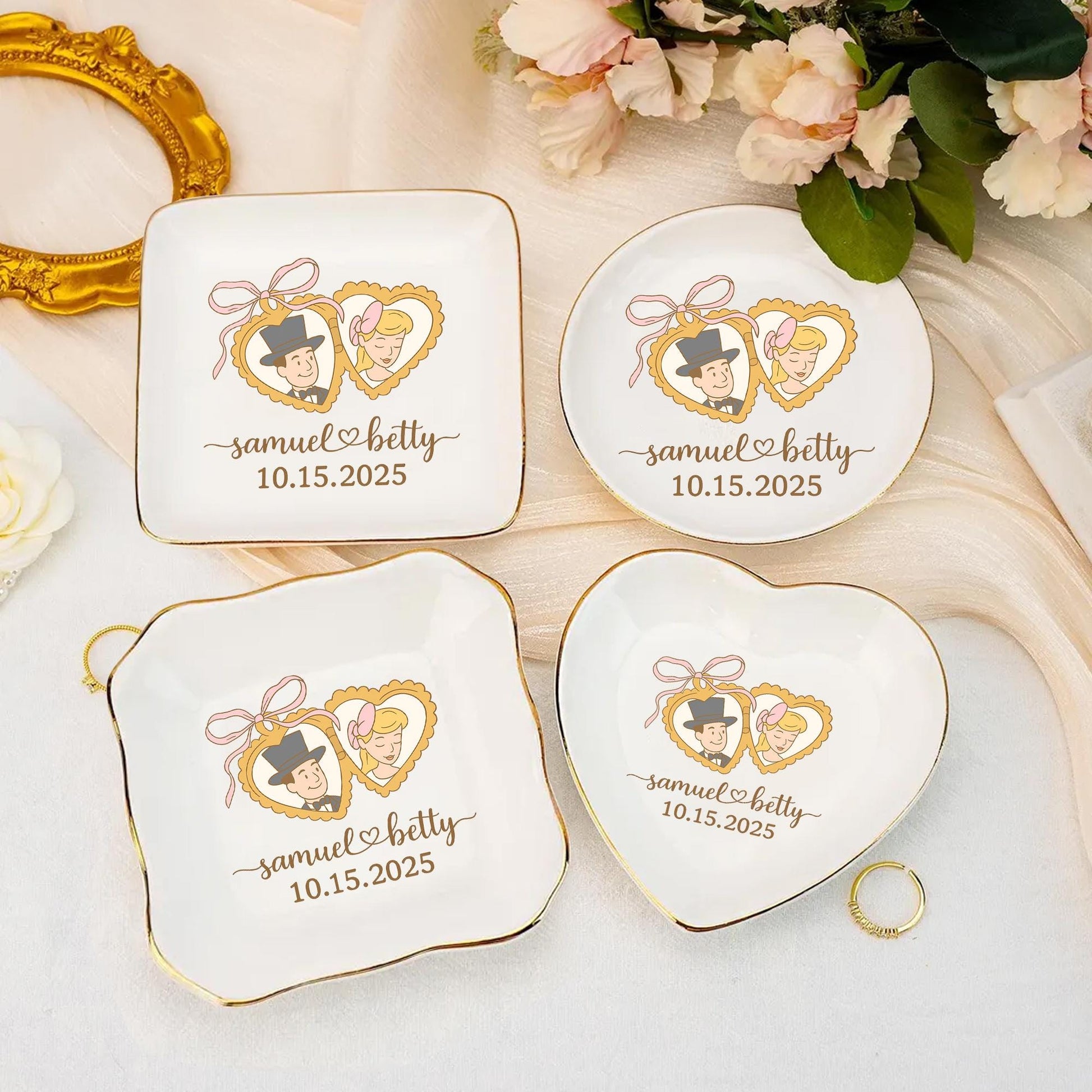 Custom Photo Ceramic Jewelry tray, Retro Bride Groom Illustration, Personalized Wedding Gift, Bridal Shower Keepsake, Vintage Engagement