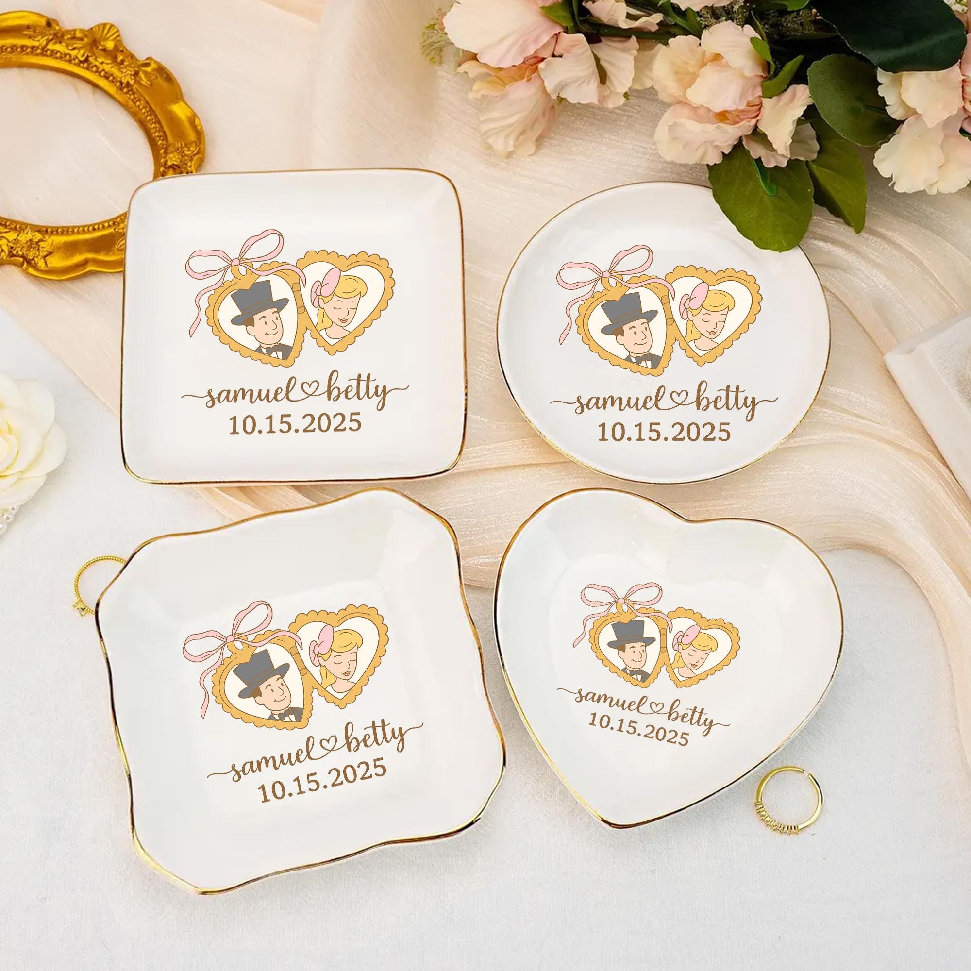 Custom Photo Ceramic Jewelry tray, Retro Bride Groom Illustration, Personalized Wedding Gift, Bridal Shower Keepsake, Vintage Engagement