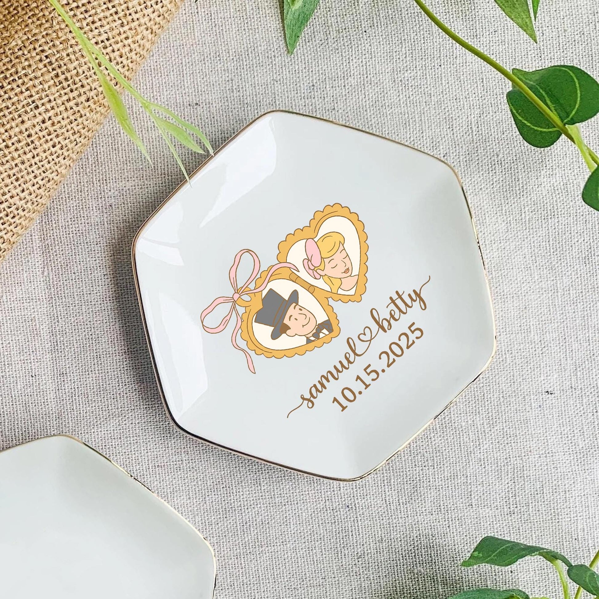 Custom Photo Ceramic Jewelry tray, Retro Bride Groom Illustration, Personalized Wedding Gift, Bridal Shower Keepsake, Vintage Engagement