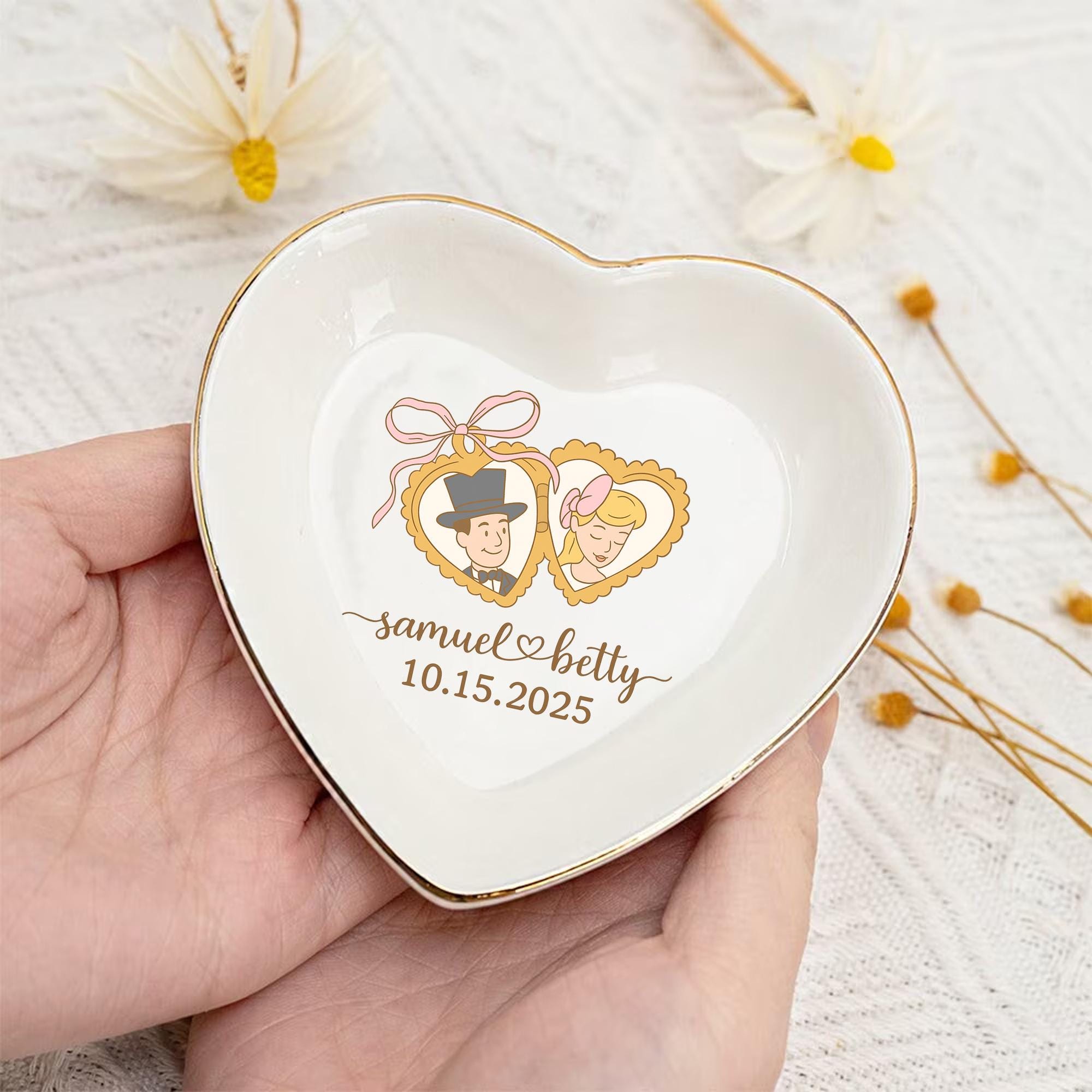 Custom Photo Ceramic Jewelry tray, Retro Bride Groom Illustration, Personalized Wedding Gift, Bridal Shower Keepsake, Vintage Engagement
