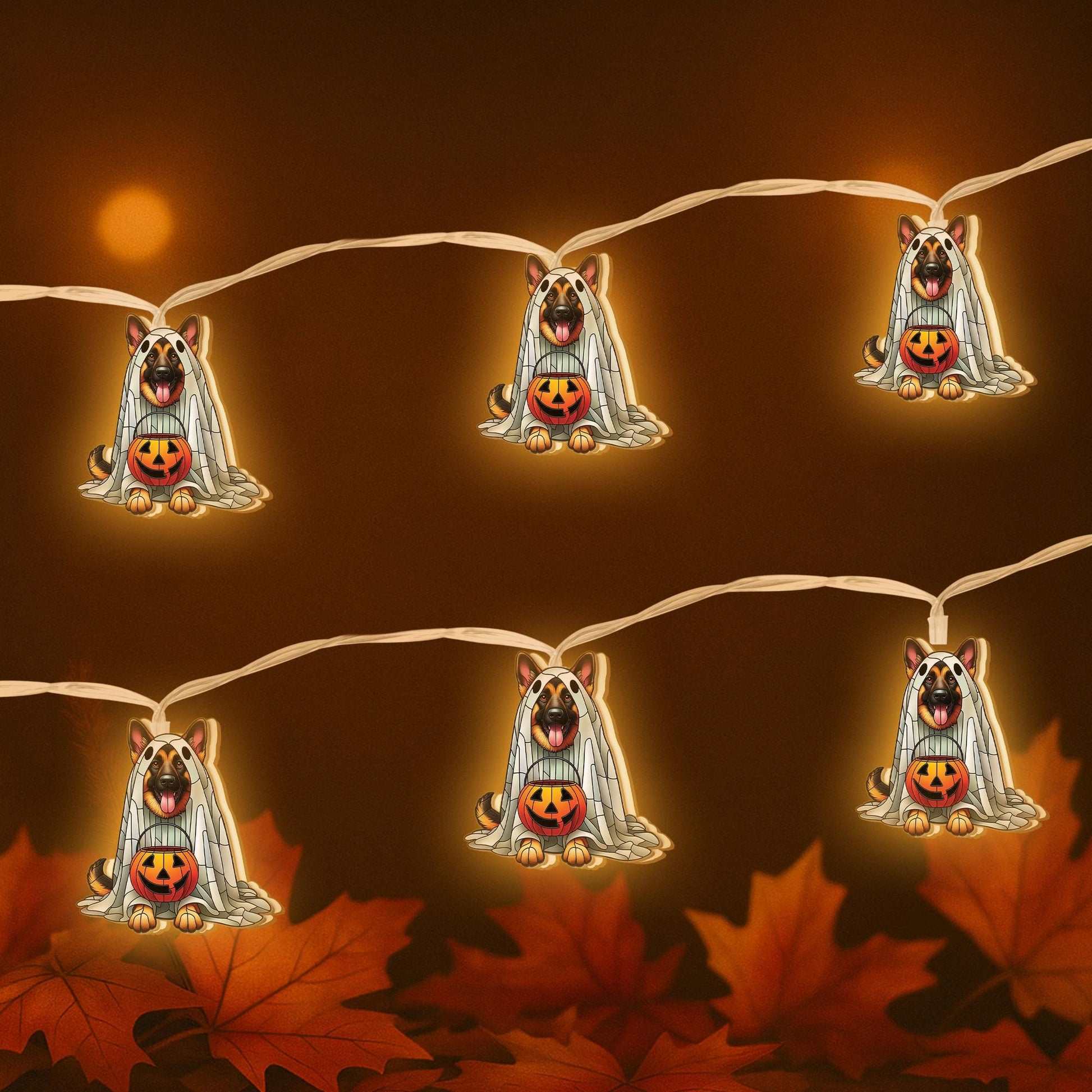German Shepherd Ghost Lights, Halloween Dog String Lights, Spooky Puppy Garland, Jack O'Lantern Decor, Pet Lover Halloween Decor