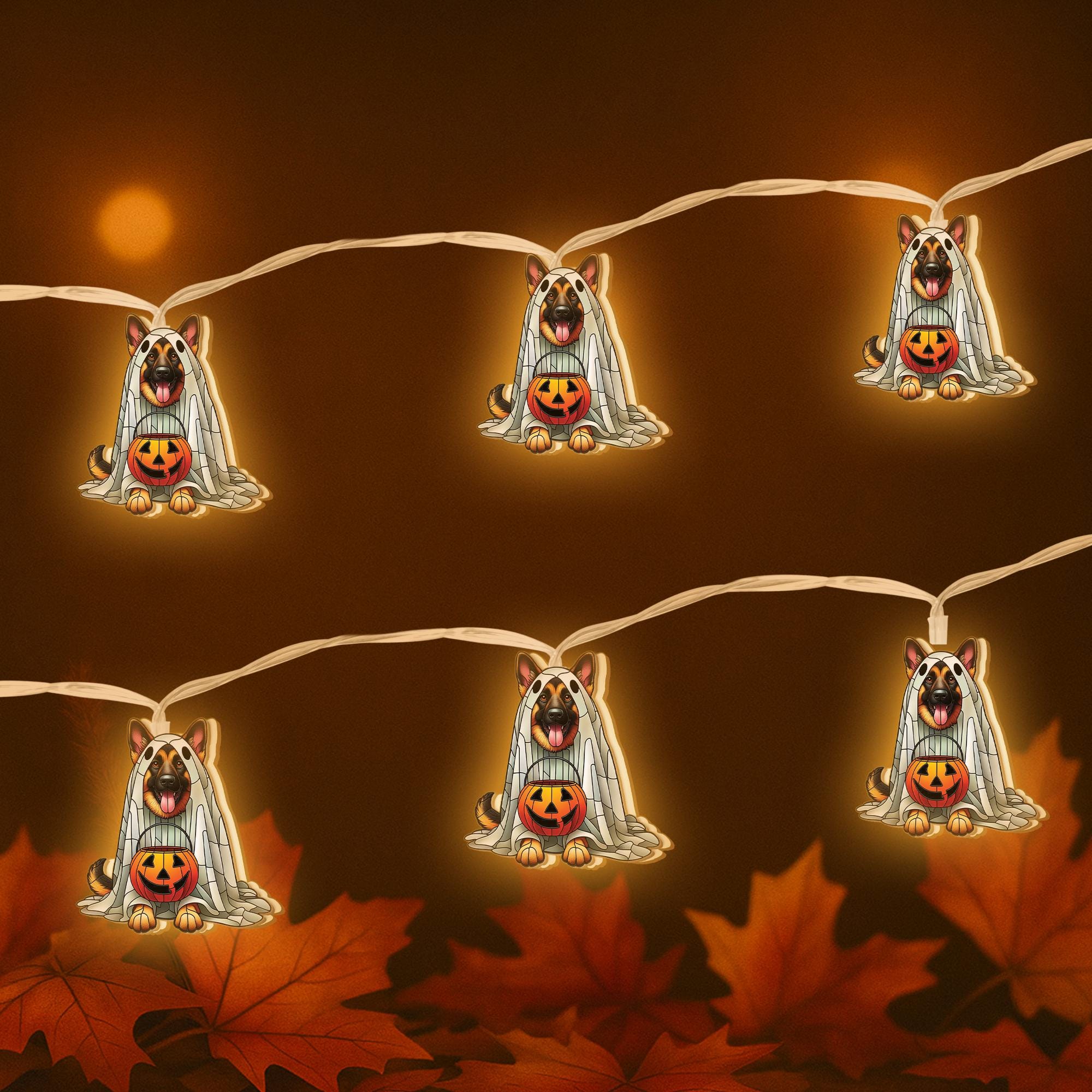 German Shepherd Ghost Lights, Halloween Dog String Lights, Spooky Puppy Garland, Jack O'Lantern Decor, Pet Lover Halloween Decor