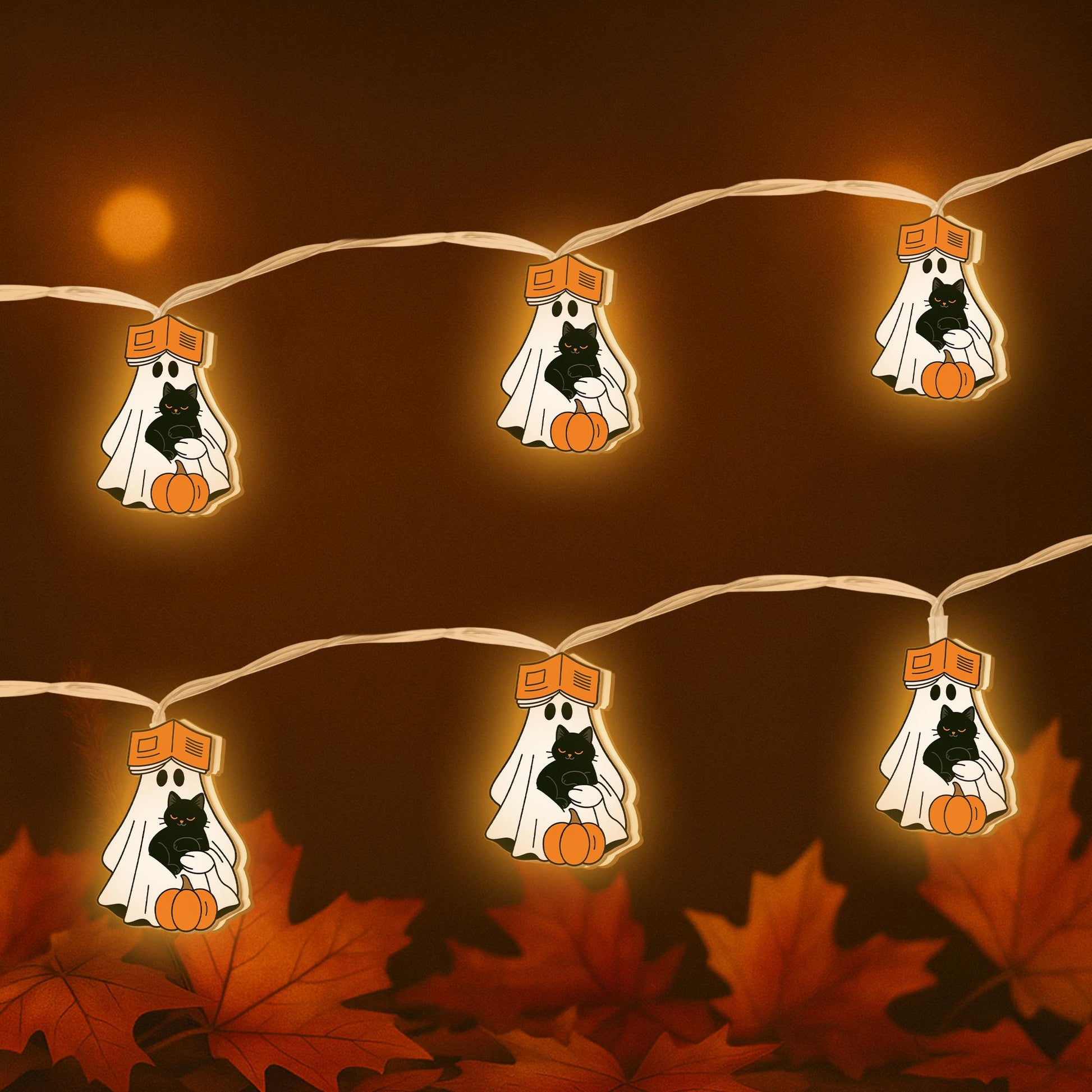Ghost Cat String Lights, Fall Reading Decor, Wood Halloween Garland, Autumn Ghost Lights, Bookish Black Cat String Lights Cozy