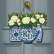 Personalized Chinoiserie Vase Door Hanger, Custom Floral Welcome Sign with Initials, Blue White Wood Plaque, New Home Wedding Gift