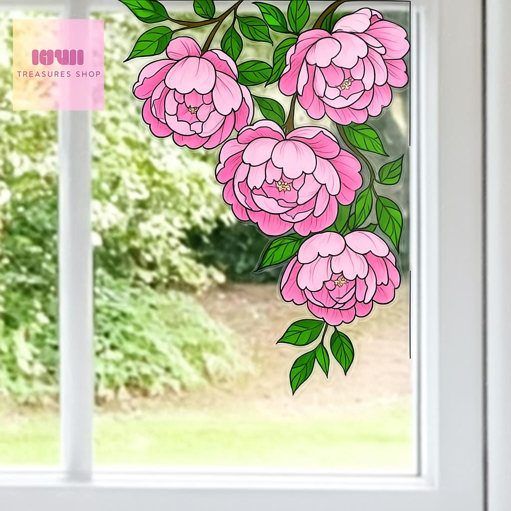 Peony Window decor, Floral Vinyl Decal, Transparent Pink Flower Sticker, Window Decor, Spring Garden Accent gift for peony lover
