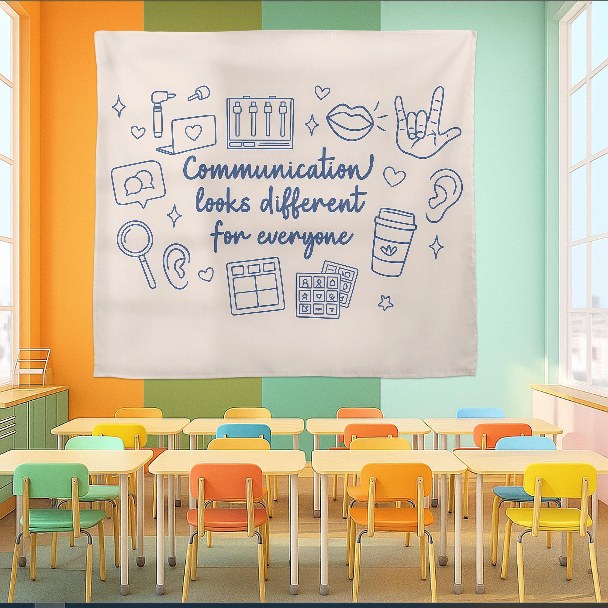 Speech Therapy Tapestry | Communication Looks Different Wall Art | SLP Office Decor | AAC Inclusive Classroom Banner | Neurodivergent Gift